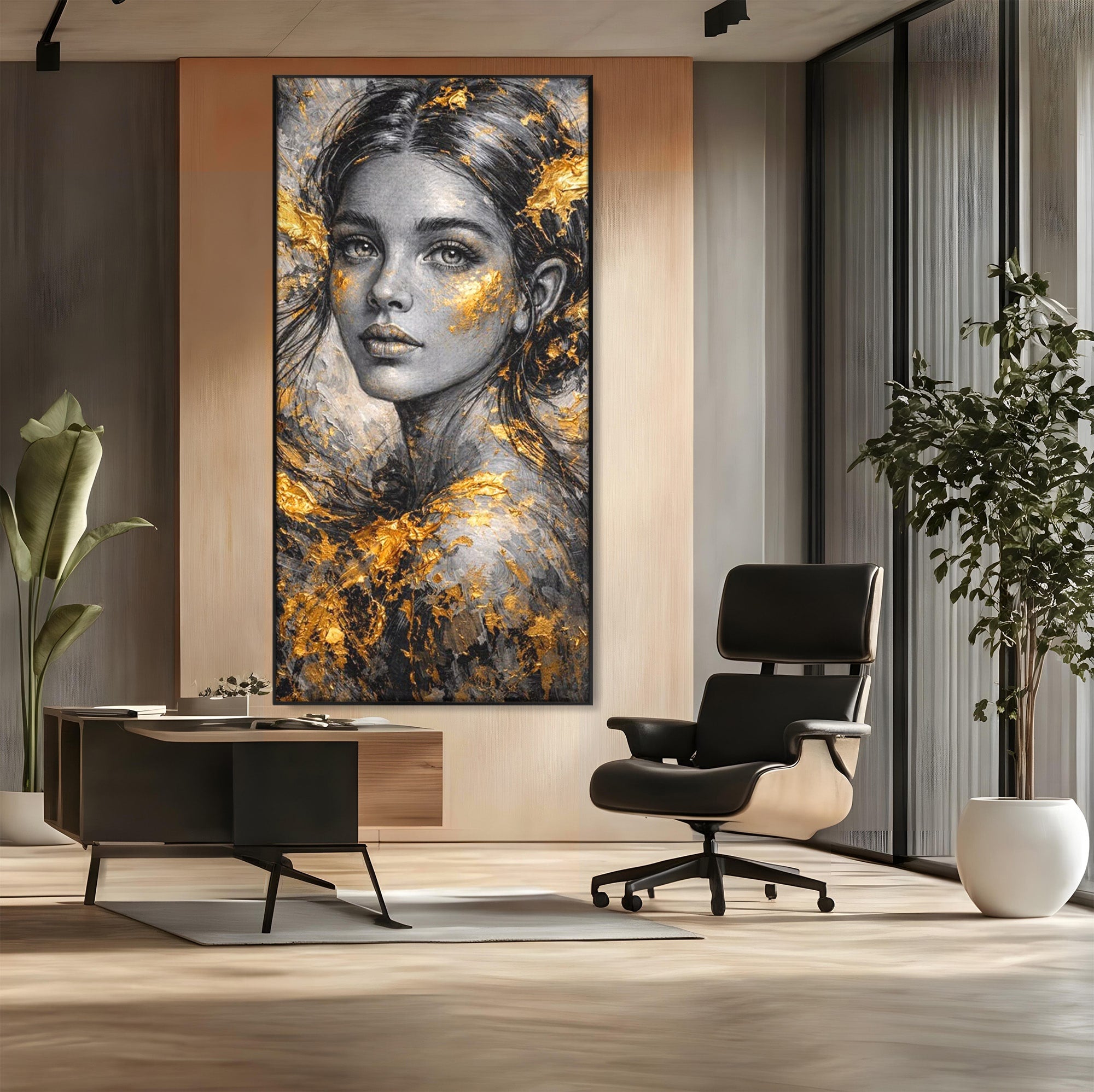 Tablou Canvas Premium LuxCanva® PI1059, Portret Aurit, Frumusete, Chip, Femeie, Arta, Eleganta, Living, Culori Vibrante