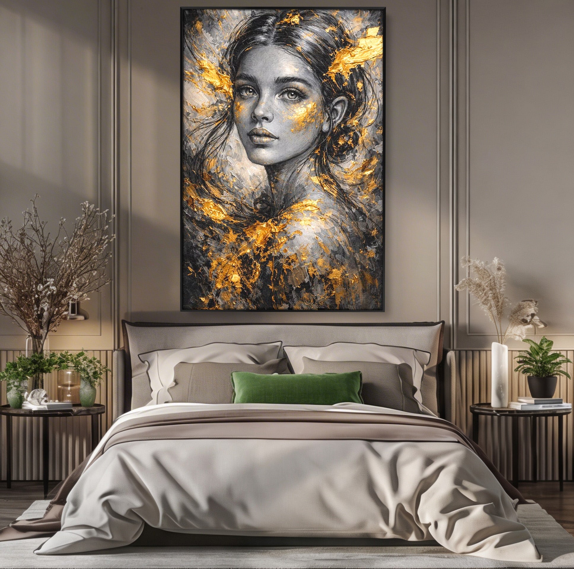 Tablou Canvas Premium LuxCanva® PI1059, Portret Aurit, Frumusete, Chip, Femeie, Arta, Eleganta, Living, Culori Vibrante