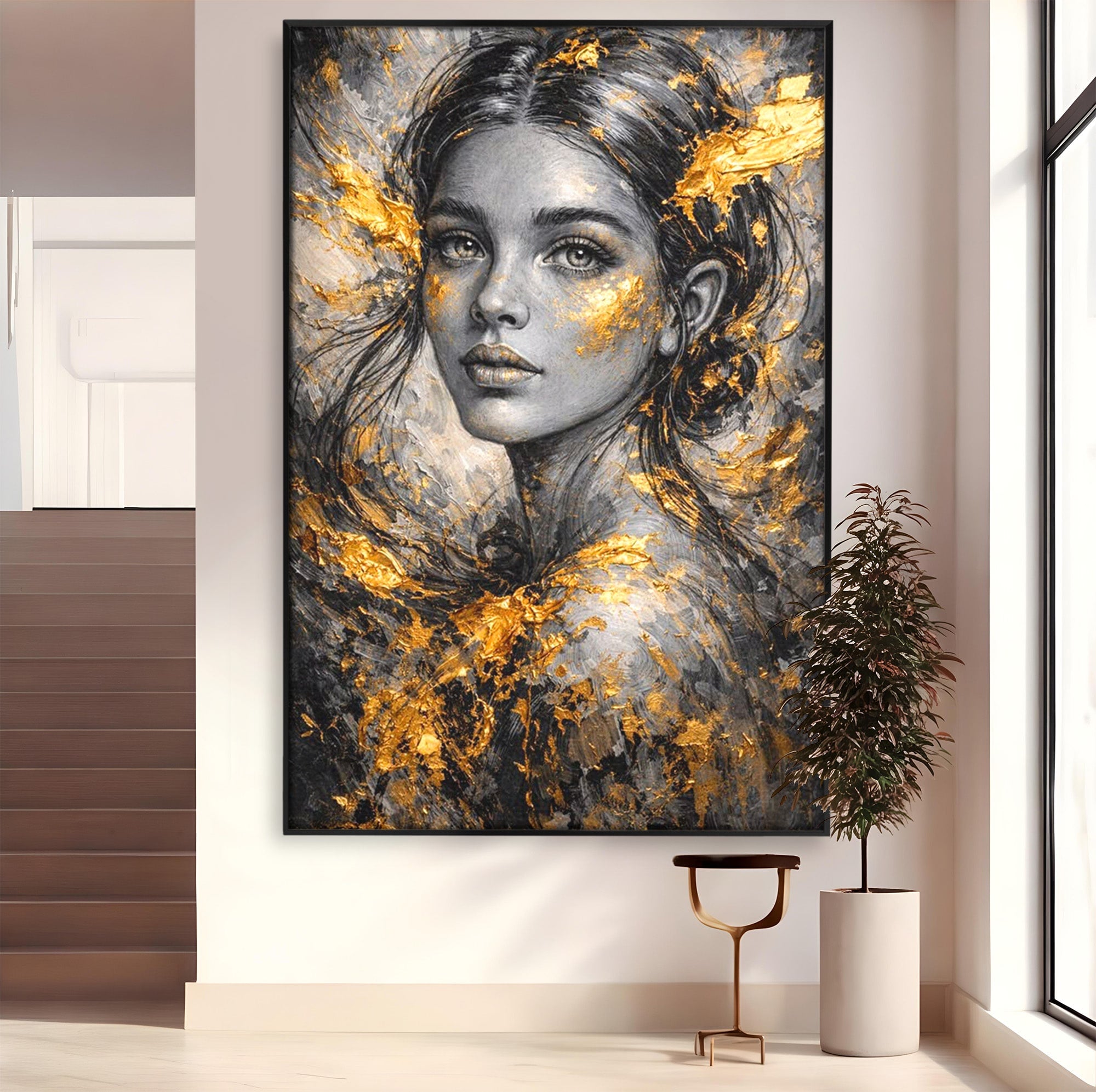 Tablou Canvas Premium LuxCanva® PI1059, Portret Aurit, Frumusete, Chip, Femeie, Arta, Eleganta, Living, Culori Vibrante