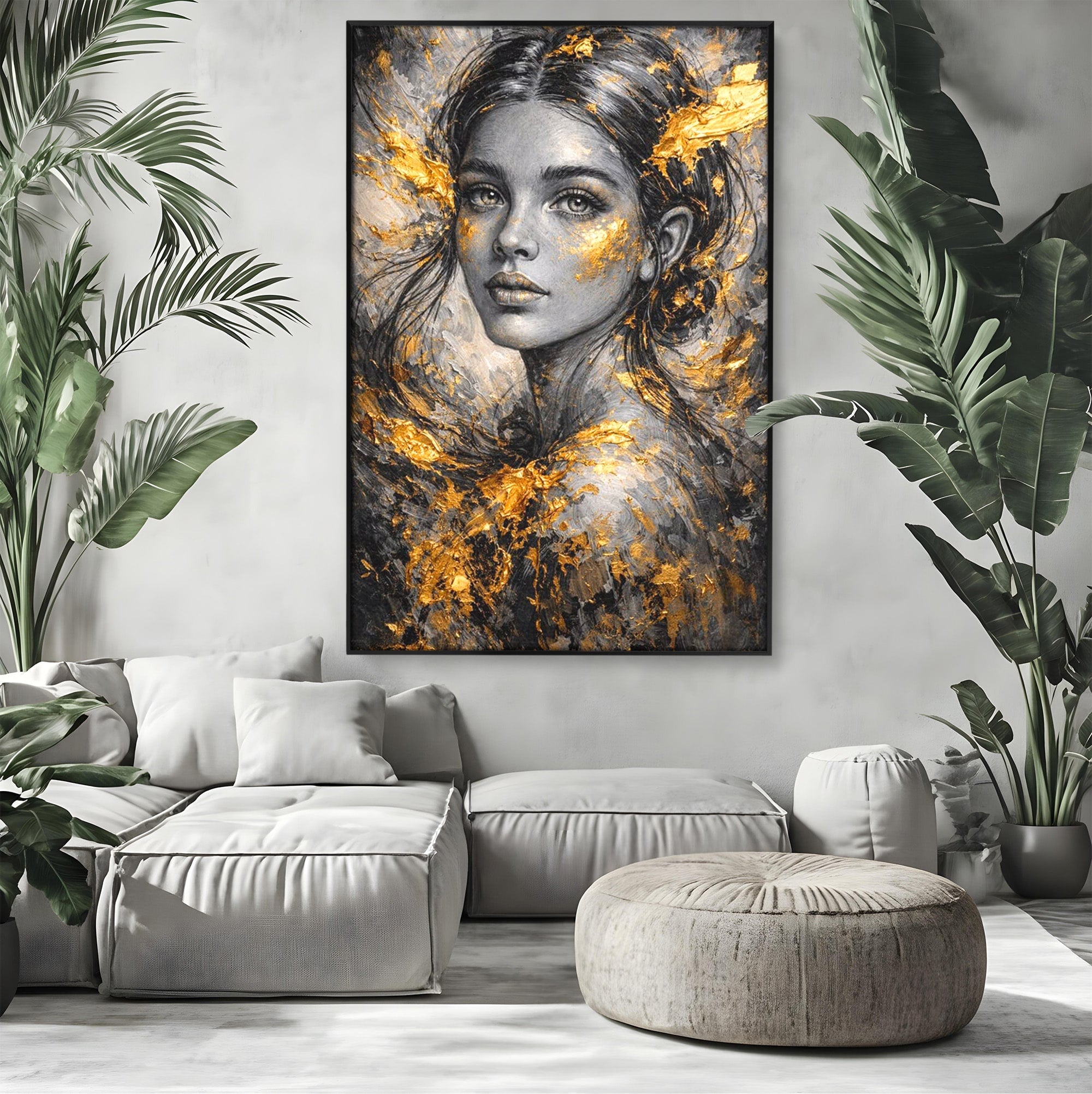 Tablou Canvas Premium LuxCanva® PI1059, Portret Aurit, Frumusete, Chip, Femeie, Arta, Eleganta, Living, Culori Vibrante