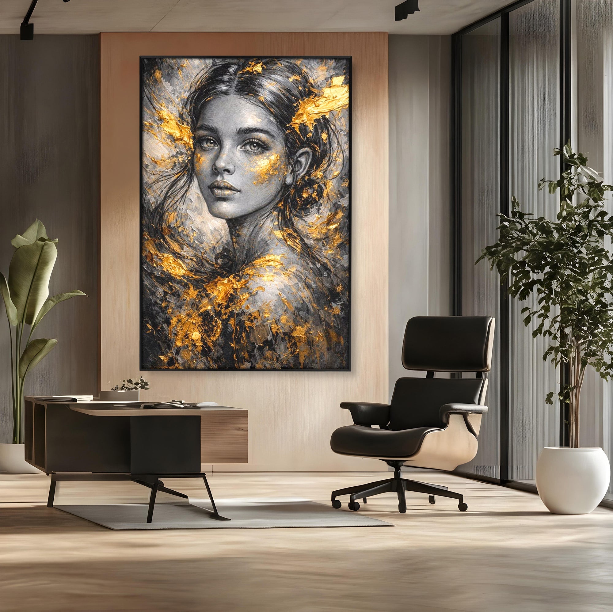 Tablou Canvas Premium LuxCanva® PI1059, Portret Aurit, Frumusete, Chip, Femeie, Arta, Eleganta, Living, Culori Vibrante