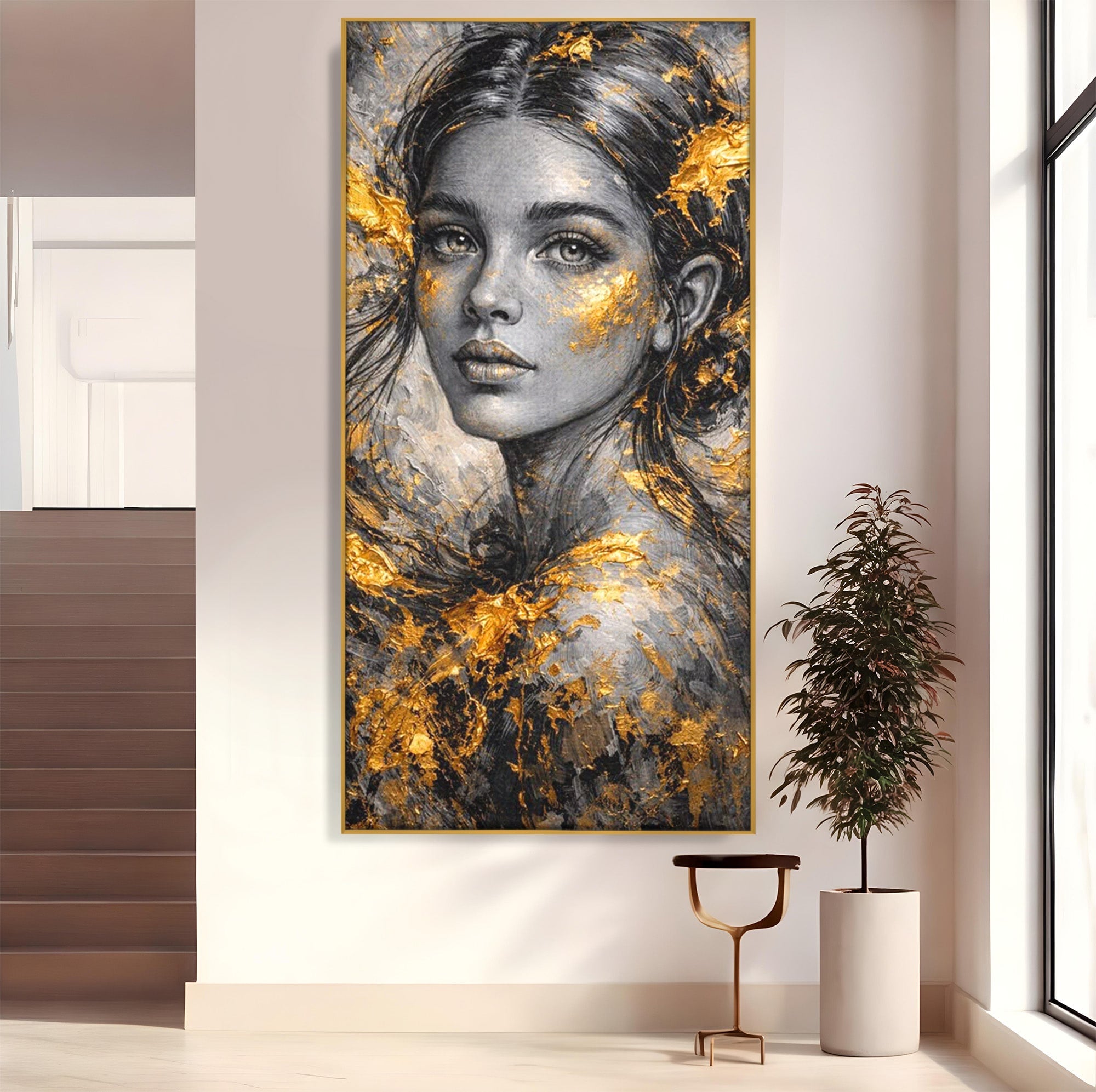 Tablou Canvas Premium LuxCanva® PI1059, Portret Aurit, Frumusete, Chip, Femeie, Arta, Eleganta, Living, Culori Vibrante