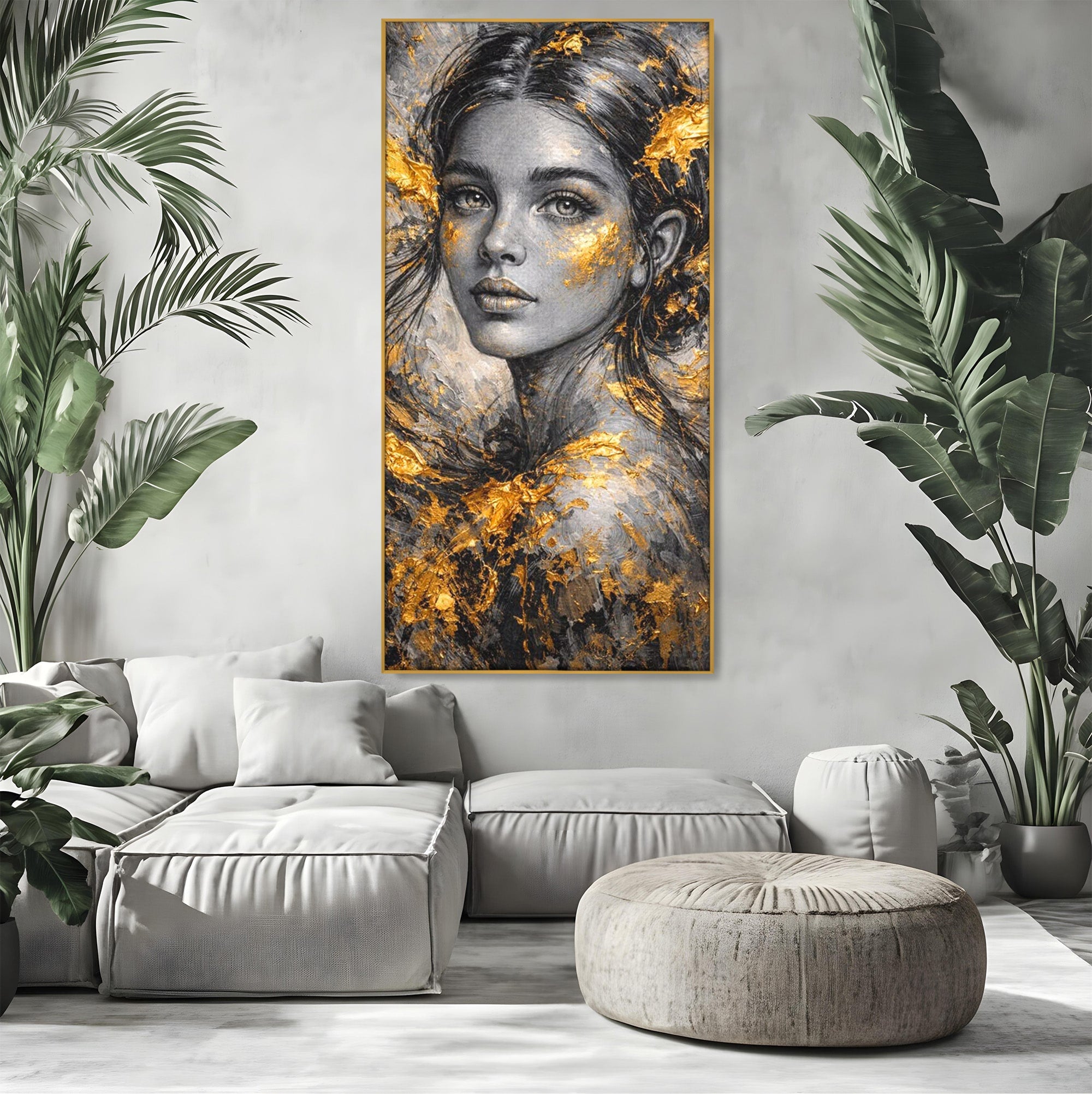 Tablou Canvas Premium LuxCanva® PI1059, Portret Aurit, Frumusete, Chip, Femeie, Arta, Eleganta, Living, Culori Vibrante