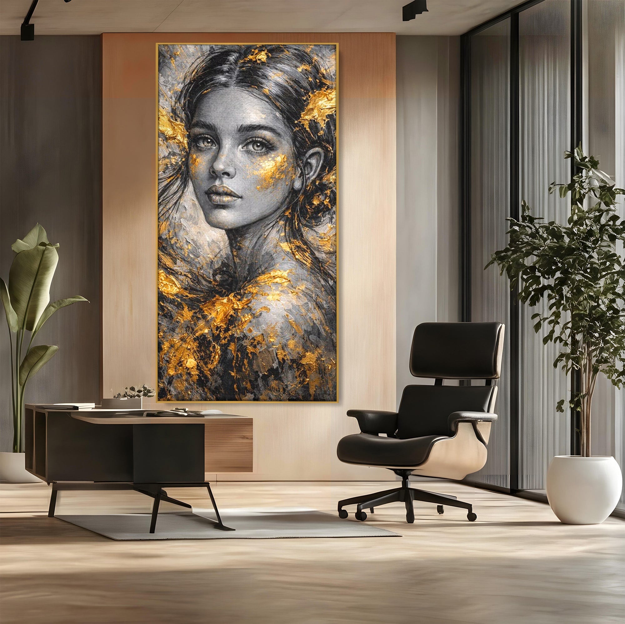 Tablou Canvas Premium LuxCanva® PI1059, Portret Aurit, Frumusete, Chip, Femeie, Arta, Eleganta, Living, Culori Vibrante