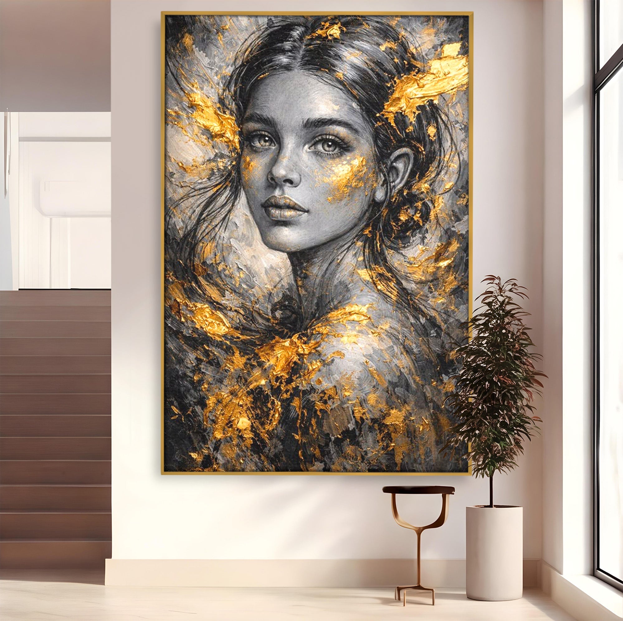 Tablou Canvas Premium LuxCanva® PI1059, Portret Aurit, Frumusete, Chip, Femeie, Arta, Eleganta, Living, Culori Vibrante