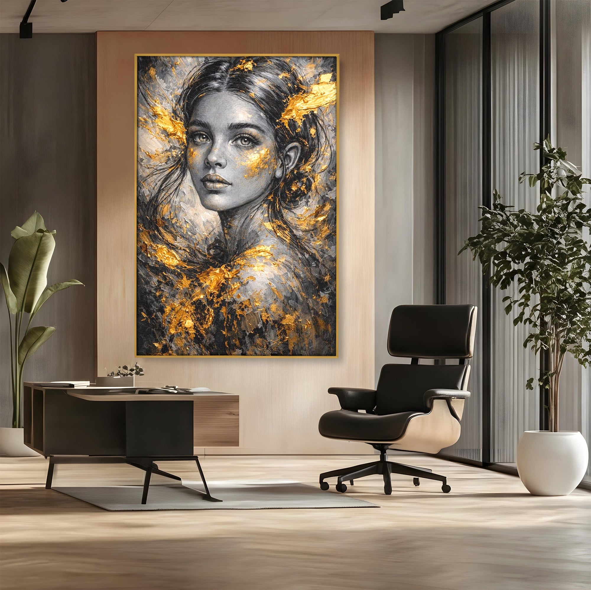 Tablou Canvas Premium LuxCanva® PI1059, Portret Aurit, Frumusete, Chip, Femeie, Arta, Eleganta, Living, Culori Vibrante