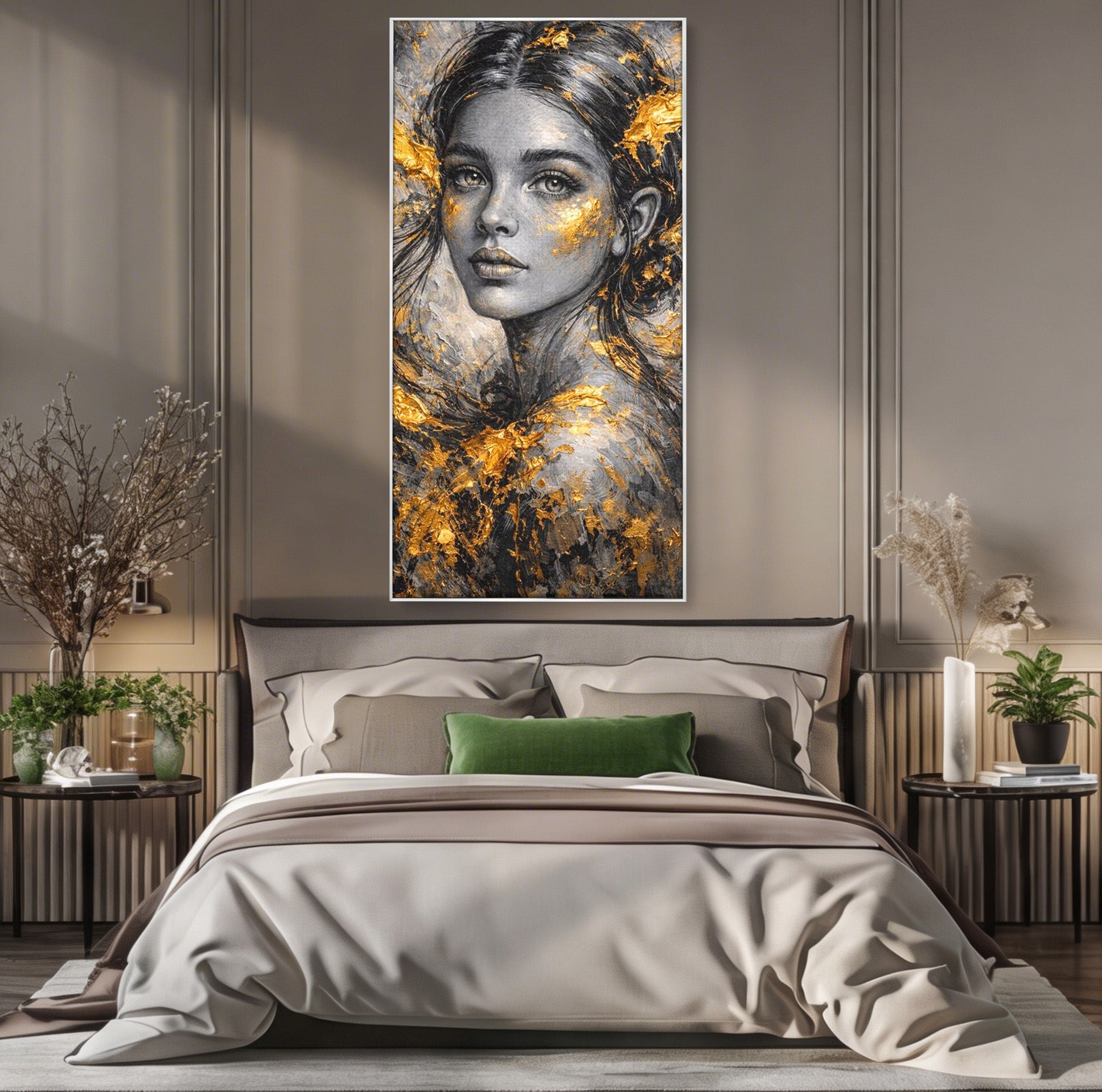 Tablou Canvas Premium LuxCanva® PI1059, Portret Aurit, Frumusete, Chip, Femeie, Arta, Eleganta, Living, Culori Vibrante