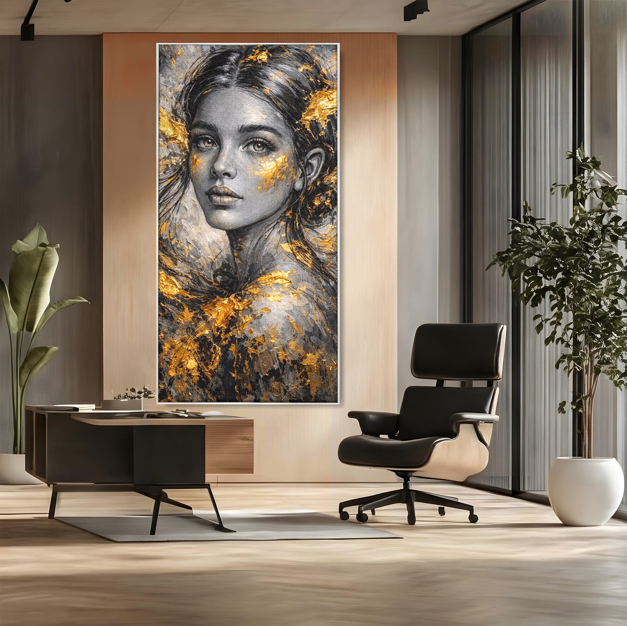 Tablou Canvas Premium LuxCanva® PI1059, Portret Aurit, Frumusete, Chip, Femeie, Arta, Eleganta, Living, Culori Vibrante