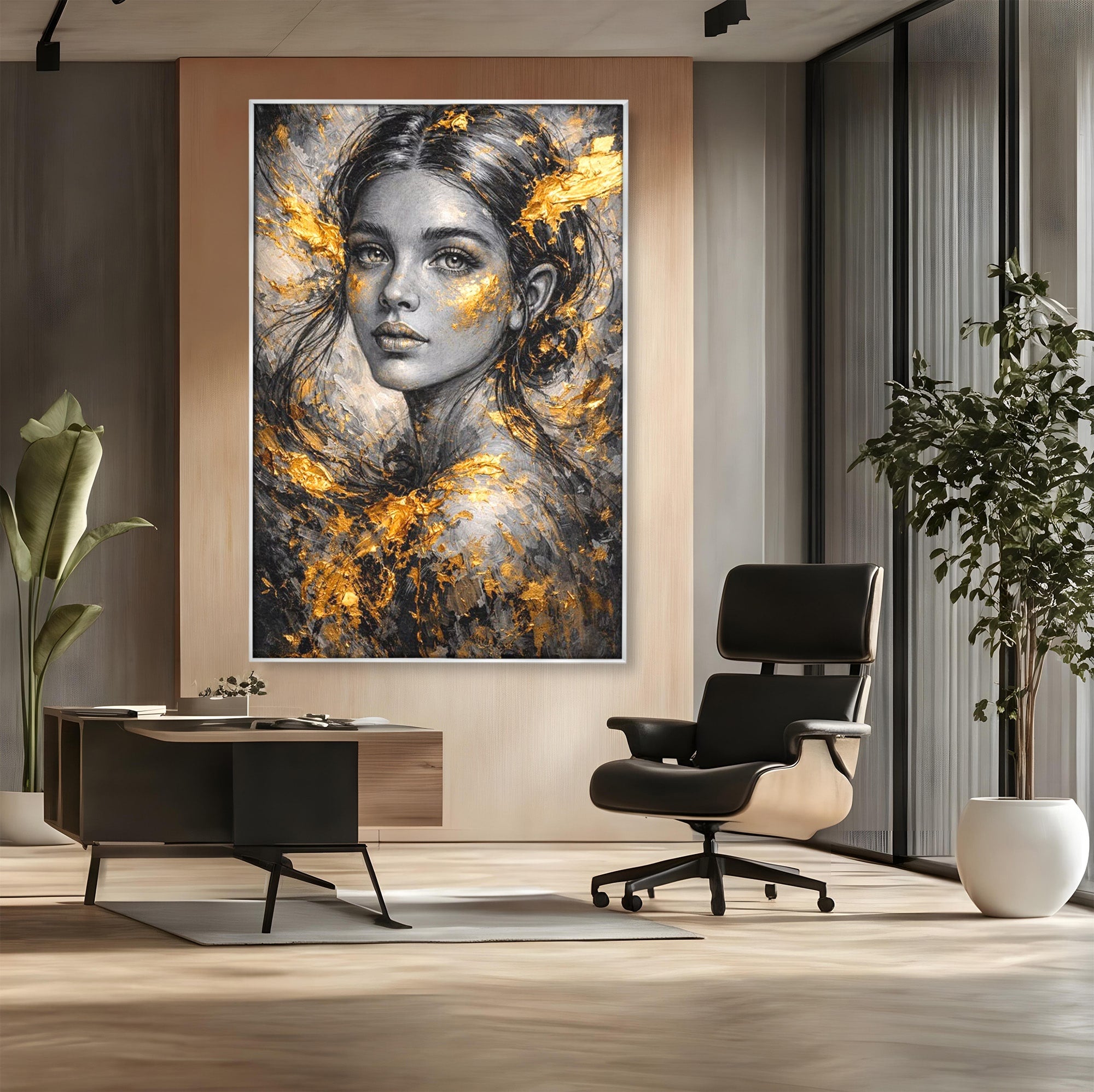 Tablou Canvas Premium LuxCanva® PI1059, Portret Aurit, Frumusete, Chip, Femeie, Arta, Eleganta, Living, Culori Vibrante