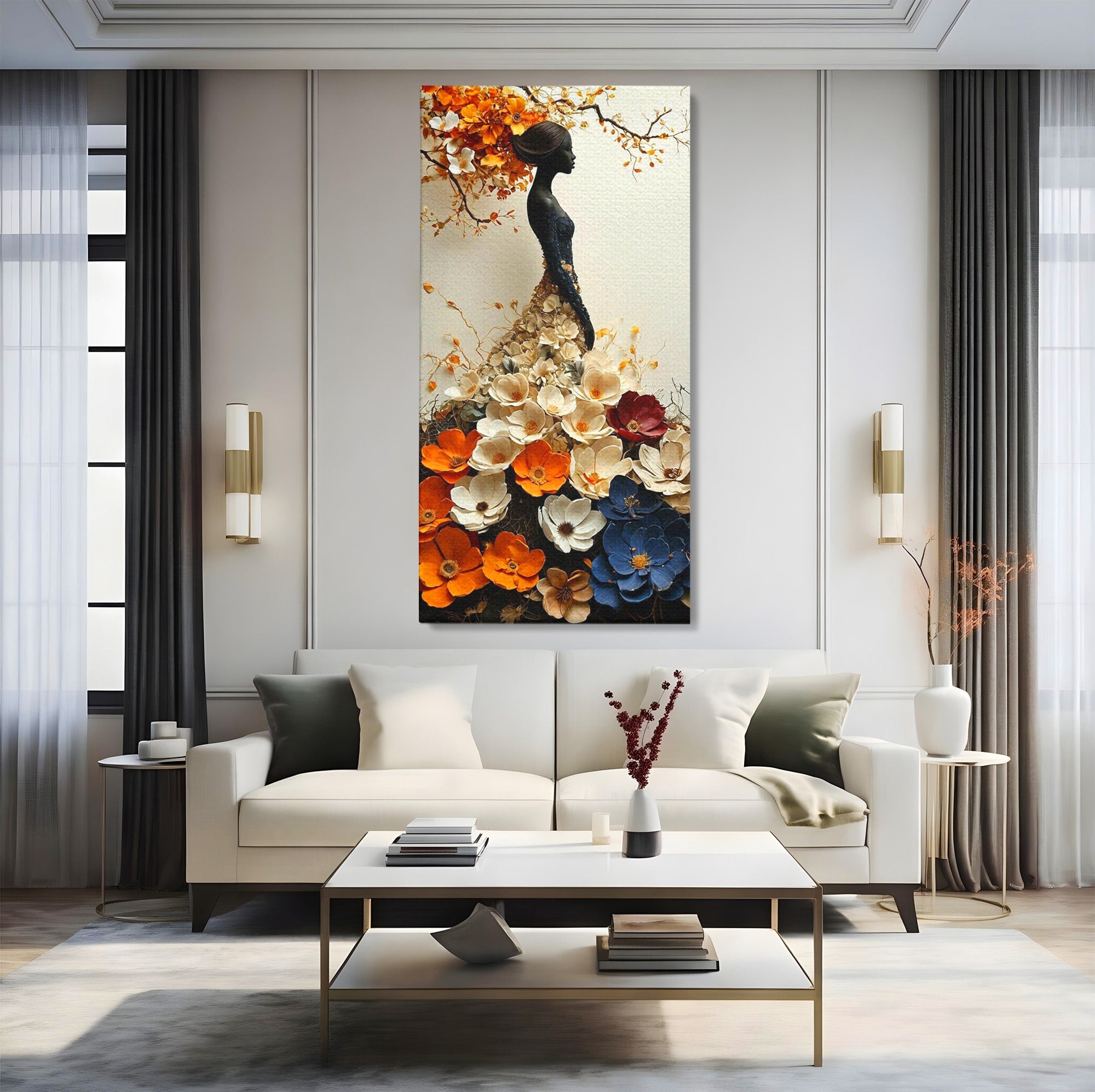 Tablou Canvas Premium LuxCanva® PI1060, Silfida Florala, Gradina, Flori, Eleganta, Femeie, Natura, Dormitor, Culori Vibrante