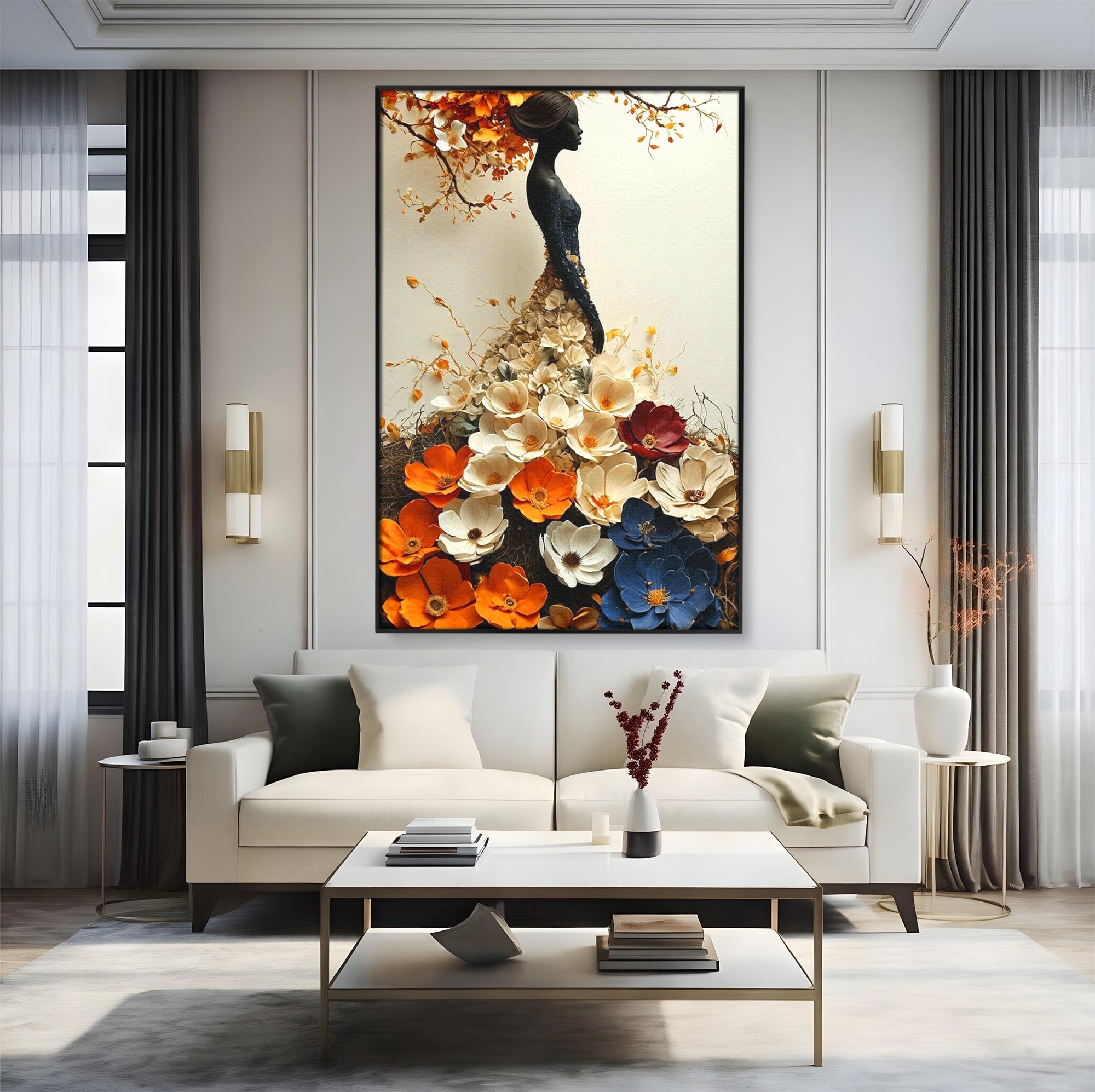 Tablou Canvas Premium LuxCanva® PI1060, Silfida Florala, Gradina, Flori, Eleganta, Femeie, Natura, Dormitor, Culori Vibrante