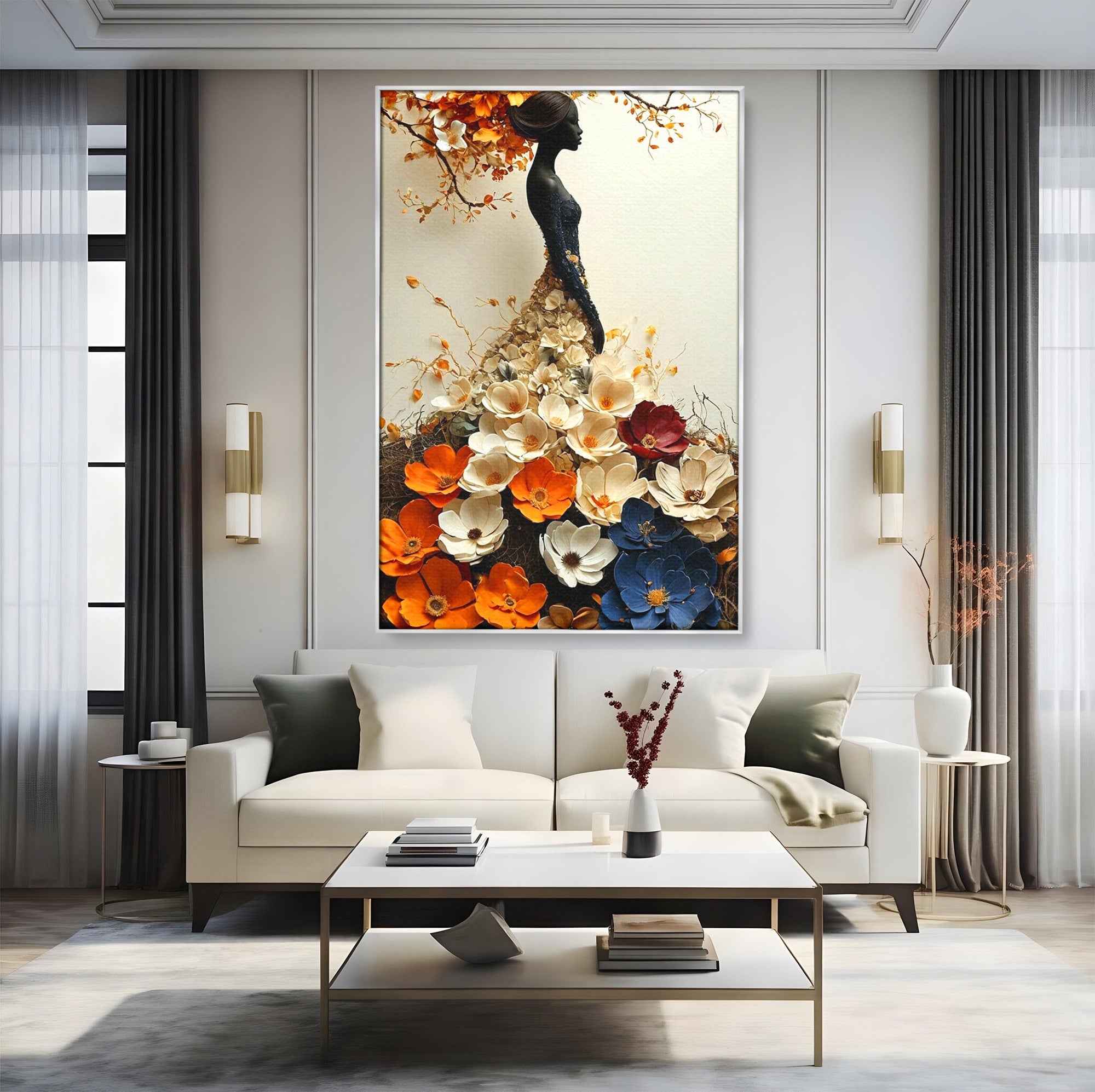 Tablou Canvas Premium LuxCanva® PI1060, Silfida Florala, Gradina, Flori, Eleganta, Femeie, Natura, Dormitor, Culori Vibrante