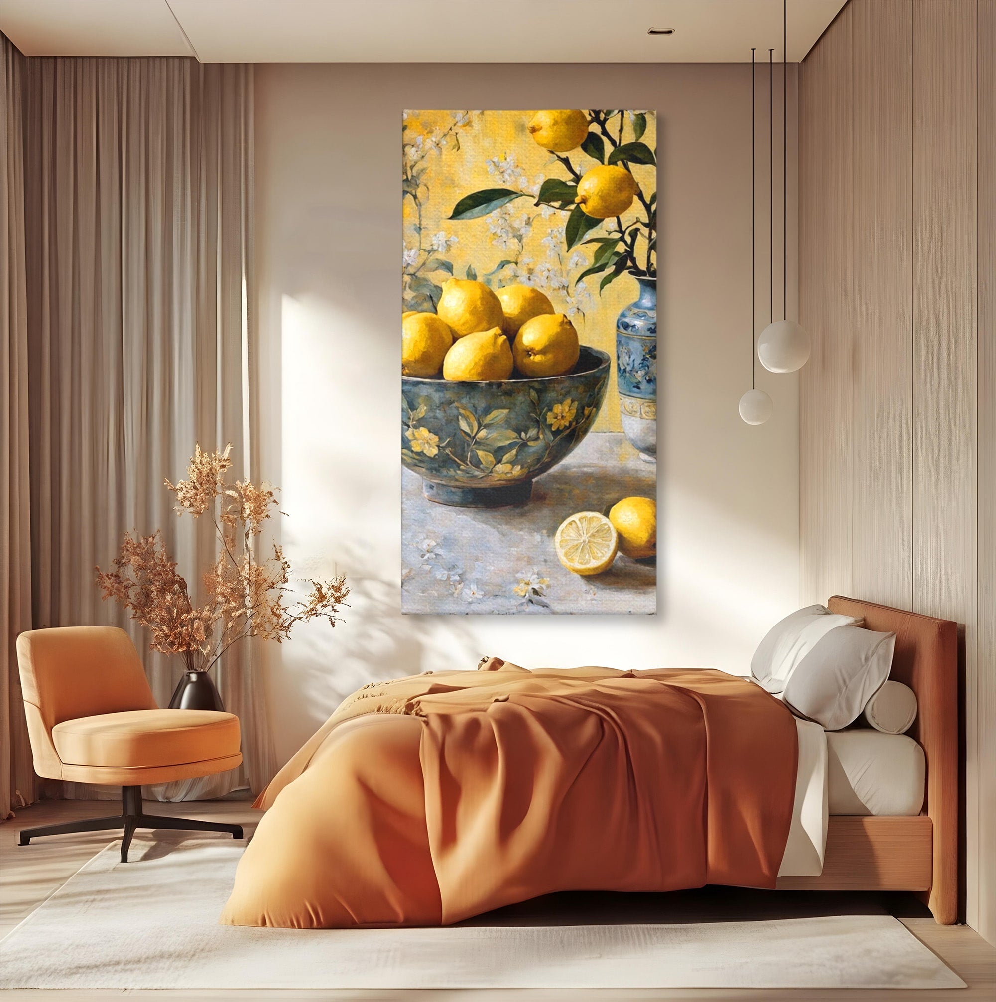 Tablou Canvas Premium LuxCanva® PI1062, Lamai In Bol Decorativ, Acru, Natura Statica, Vaza, Fructe, Bucatarie, Culori Vibrante