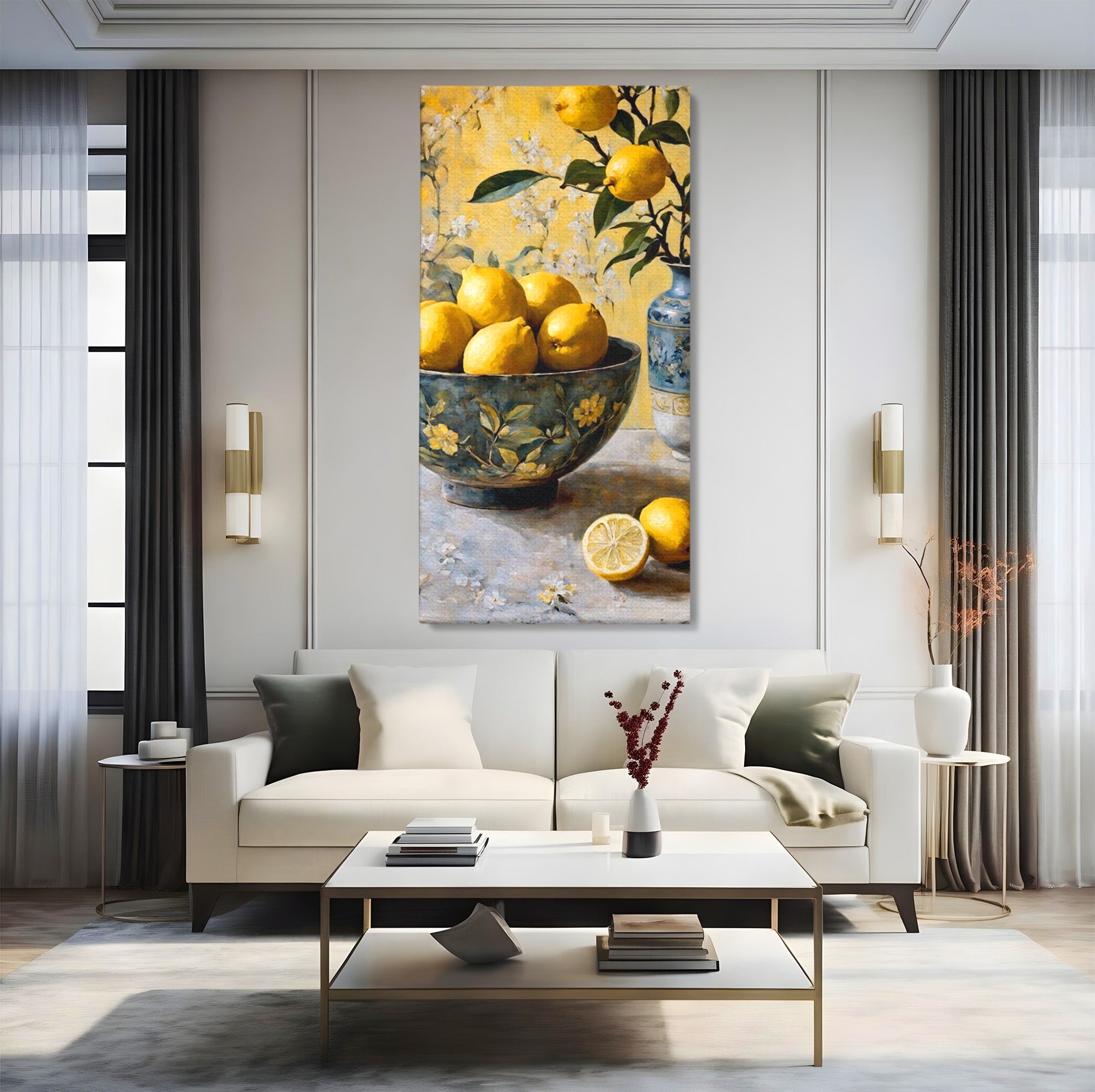 Tablou Canvas Premium LuxCanva® PI1062, Lamai In Bol Decorativ, Acru, Natura Statica, Vaza, Fructe, Bucatarie, Culori Vibrante