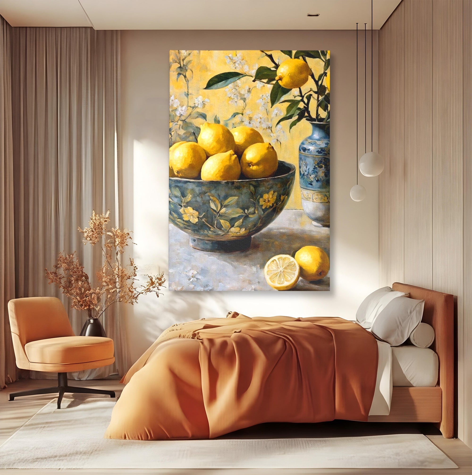 Tablou Canvas Premium LuxCanva® PI1062, Lamai In Bol Decorativ, Acru, Natura Statica, Vaza, Fructe, Bucatarie, Culori Vibrante
