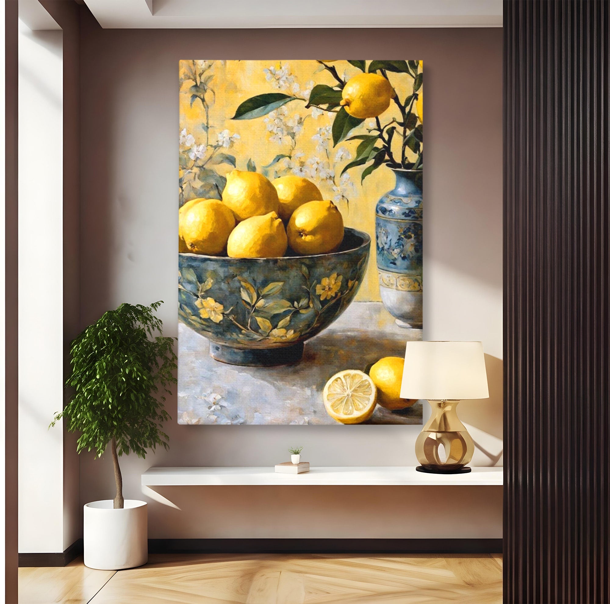 Tablou Canvas Premium LuxCanva® PI1062, Lamai In Bol Decorativ, Acru, Natura Statica, Vaza, Fructe, Bucatarie, Culori Vibrante