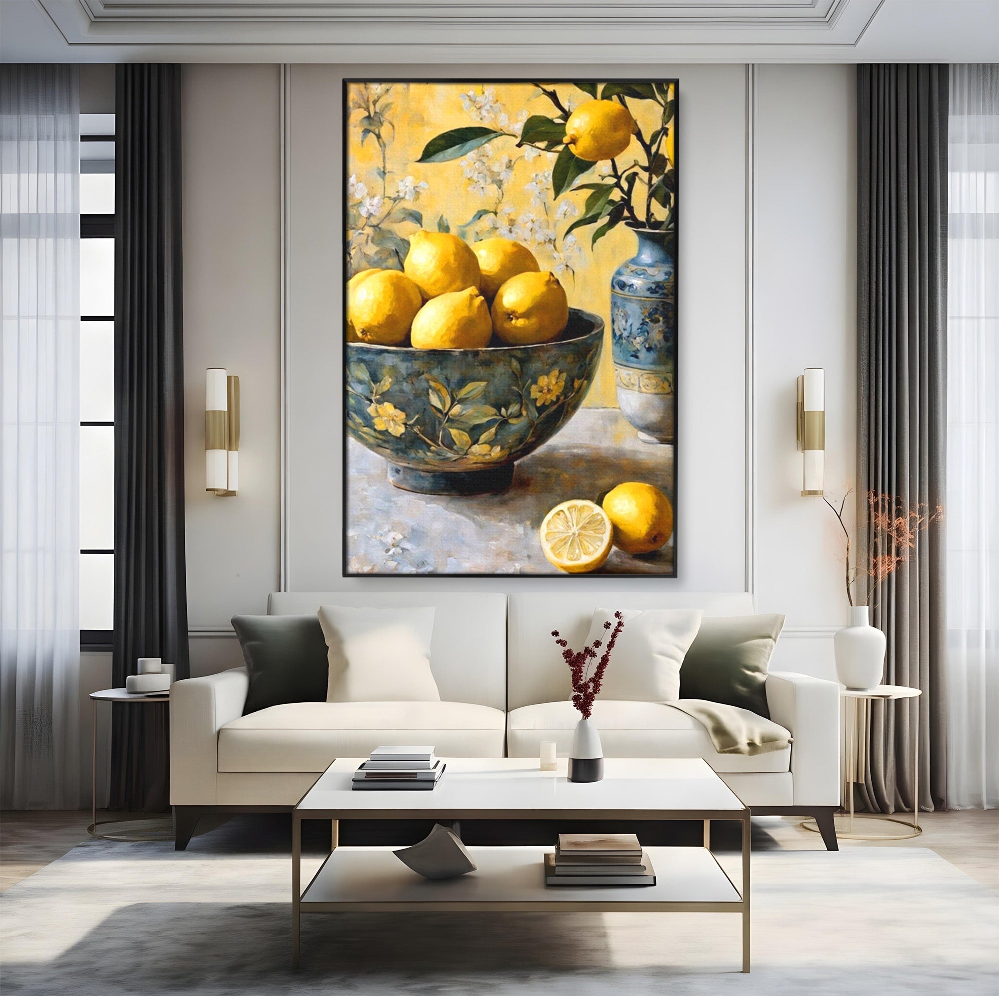 Tablou Canvas Premium LuxCanva® PI1062, Lamai In Bol Decorativ, Acru, Natura Statica, Vaza, Fructe, Bucatarie, Culori Vibrante