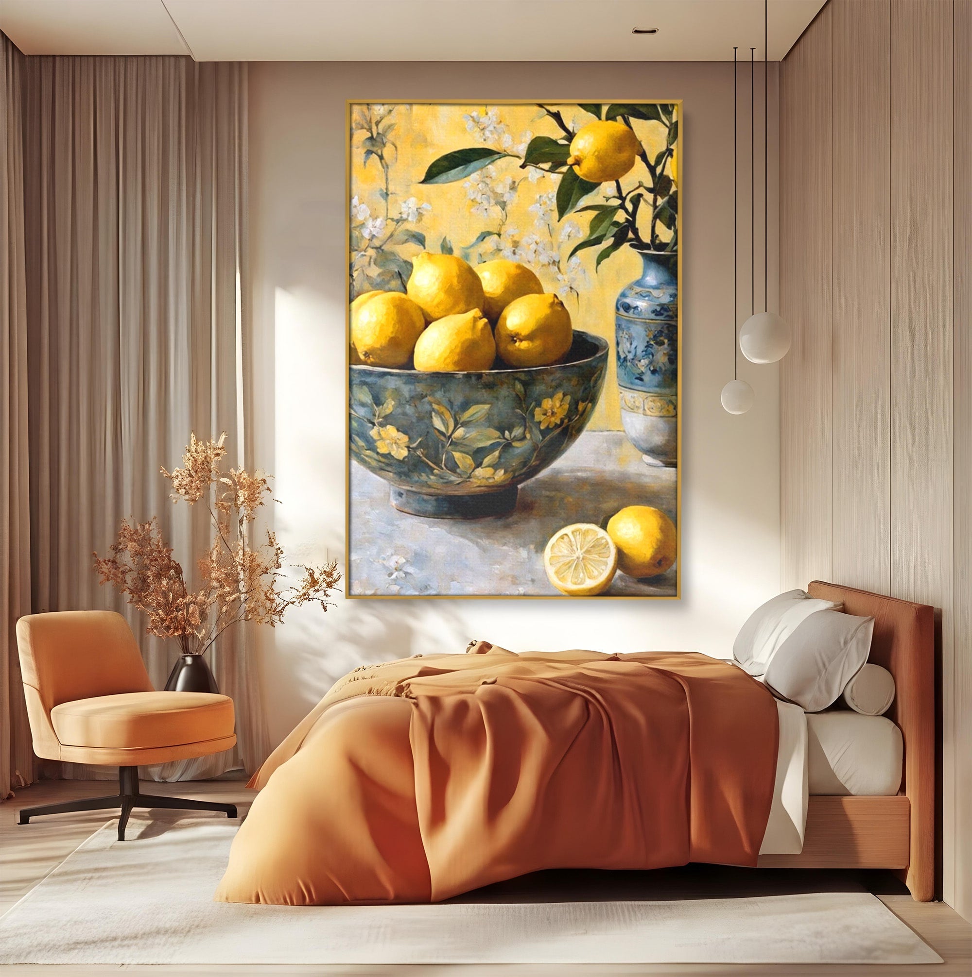 Tablou Canvas Premium LuxCanva® PI1062, Lamai In Bol Decorativ, Acru, Natura Statica, Vaza, Fructe, Bucatarie, Culori Vibrante