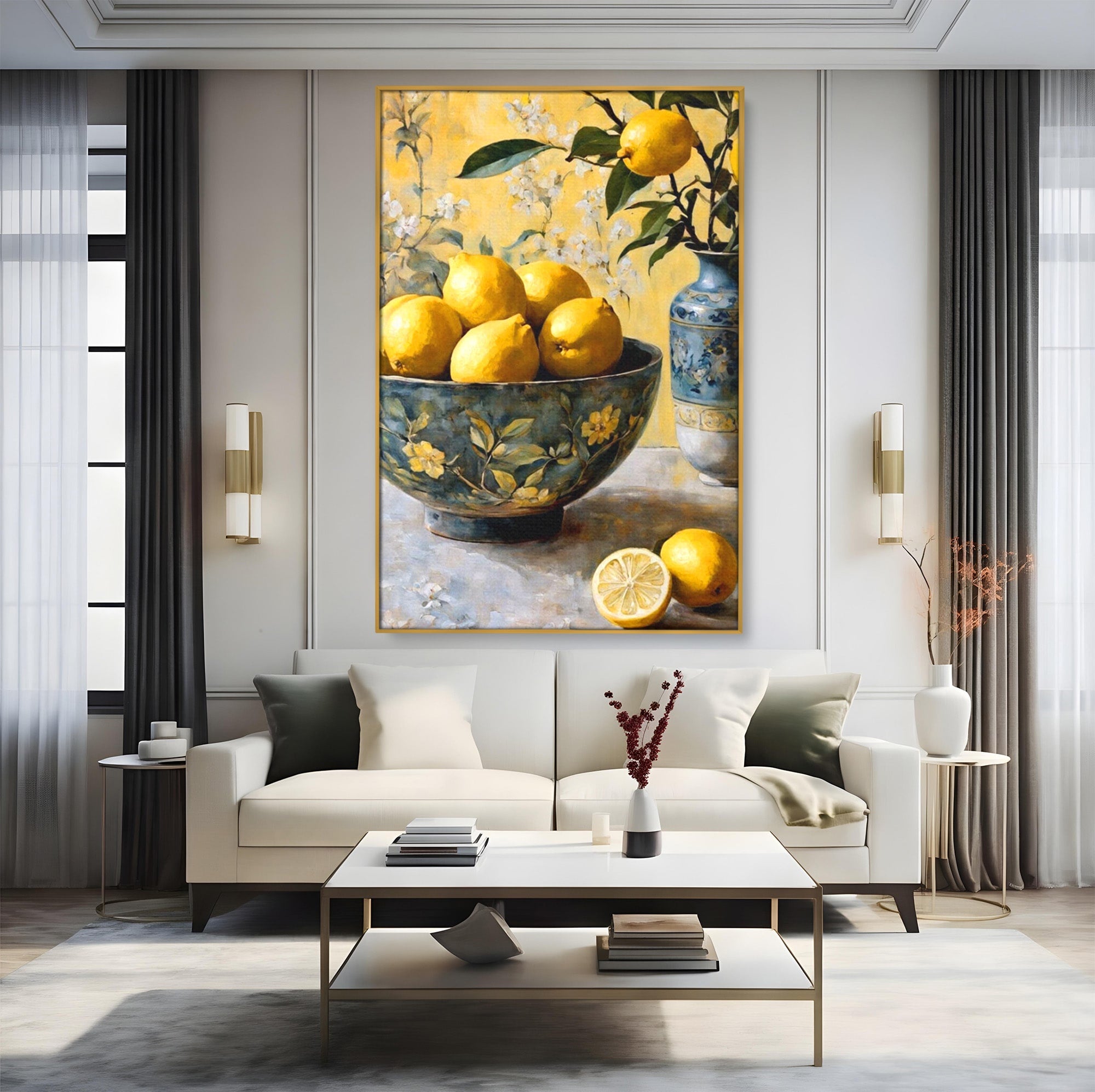 Tablou Canvas Premium LuxCanva® PI1062, Lamai In Bol Decorativ, Acru, Natura Statica, Vaza, Fructe, Bucatarie, Culori Vibrante