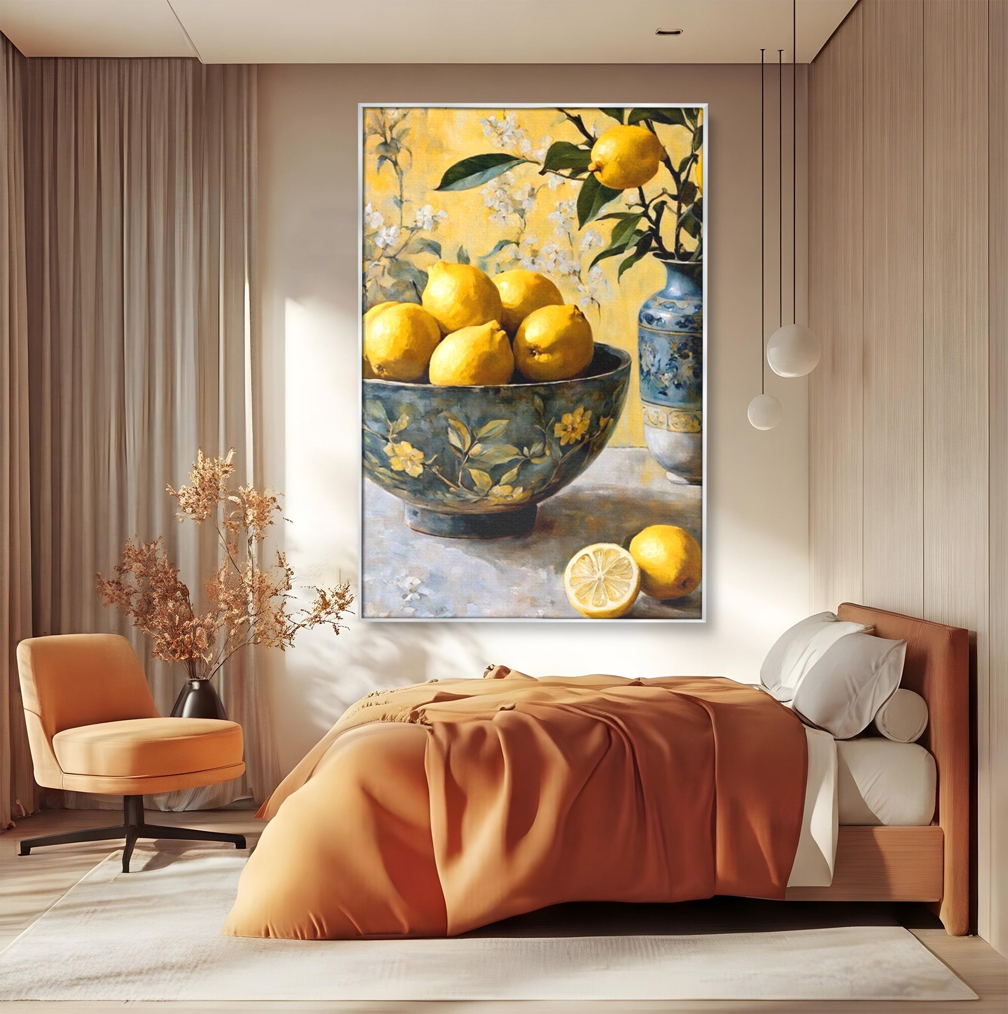Tablou Canvas Premium LuxCanva® PI1062, Lamai In Bol Decorativ, Acru, Natura Statica, Vaza, Fructe, Bucatarie, Culori Vibrante