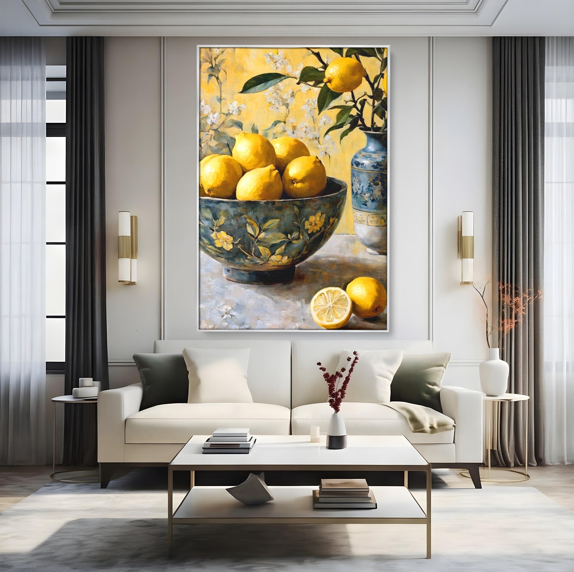 Tablou Canvas Premium LuxCanva® PI1062, Lamai In Bol Decorativ, Acru, Natura Statica, Vaza, Fructe, Bucatarie, Culori Vibrante