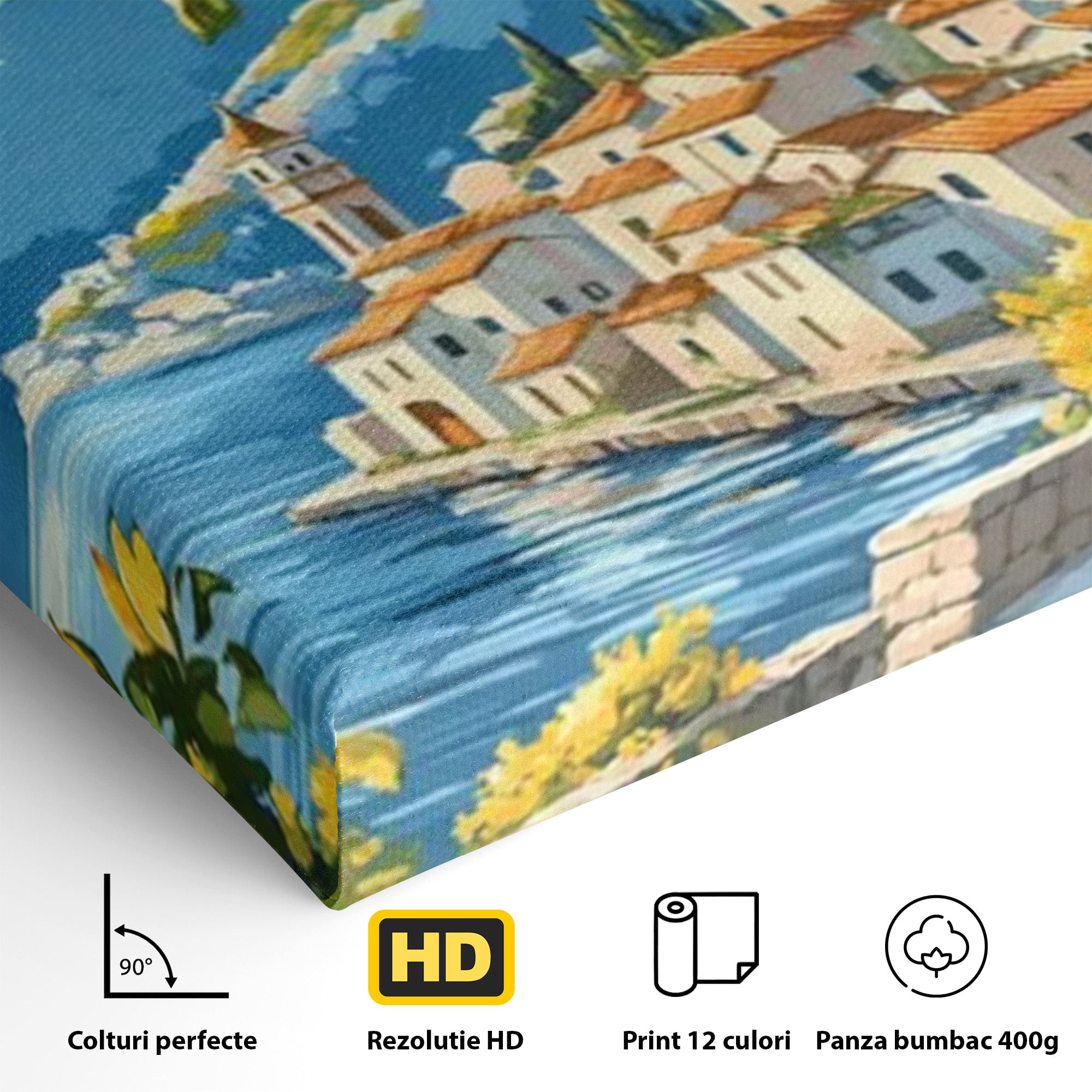 Tablou Canvas Premium LuxCanva® PI1063, Sat Mediteranean Cu Lamai, Sat, Lamai, Peisaj, Mediteranean, Living, Culori Vibrante