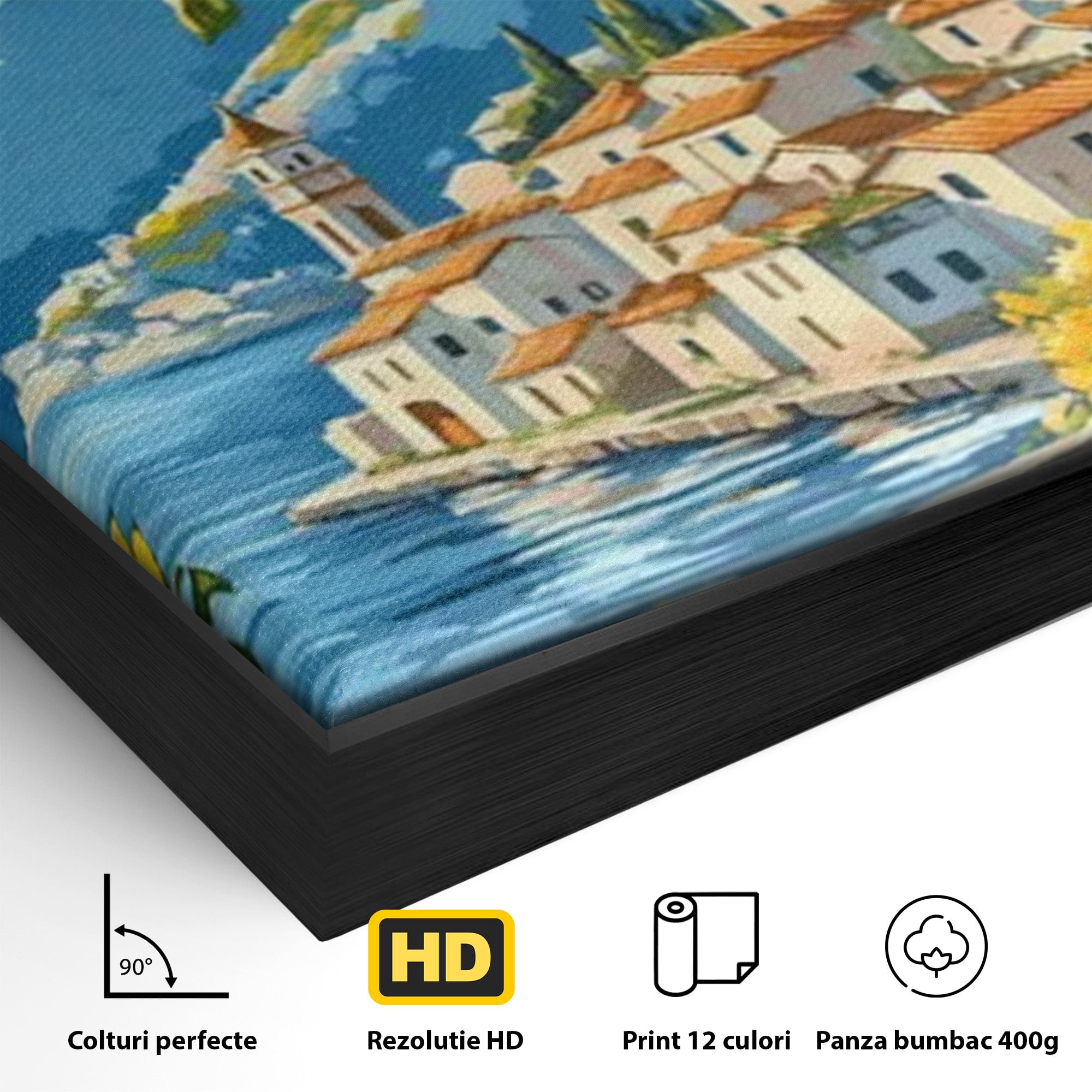 Tablou Canvas Premium LuxCanva® PI1063, Sat Mediteranean Cu Lamai, Sat, Lamai, Peisaj, Mediteranean, Living, Culori Vibrante