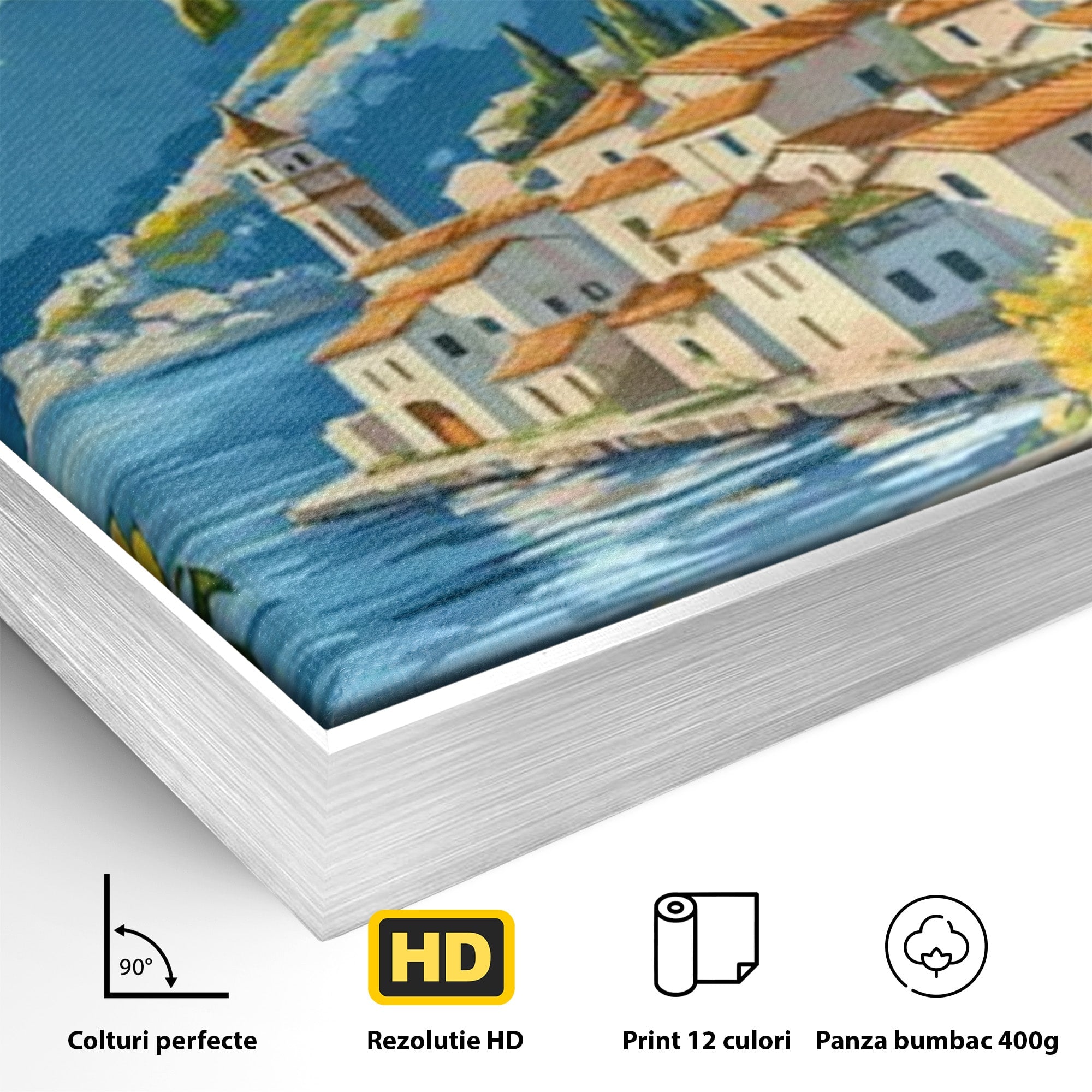 Tablou Canvas Premium LuxCanva® PI1063, Sat Mediteranean Cu Lamai, Sat, Lamai, Peisaj, Mediteranean, Living, Culori Vibrante