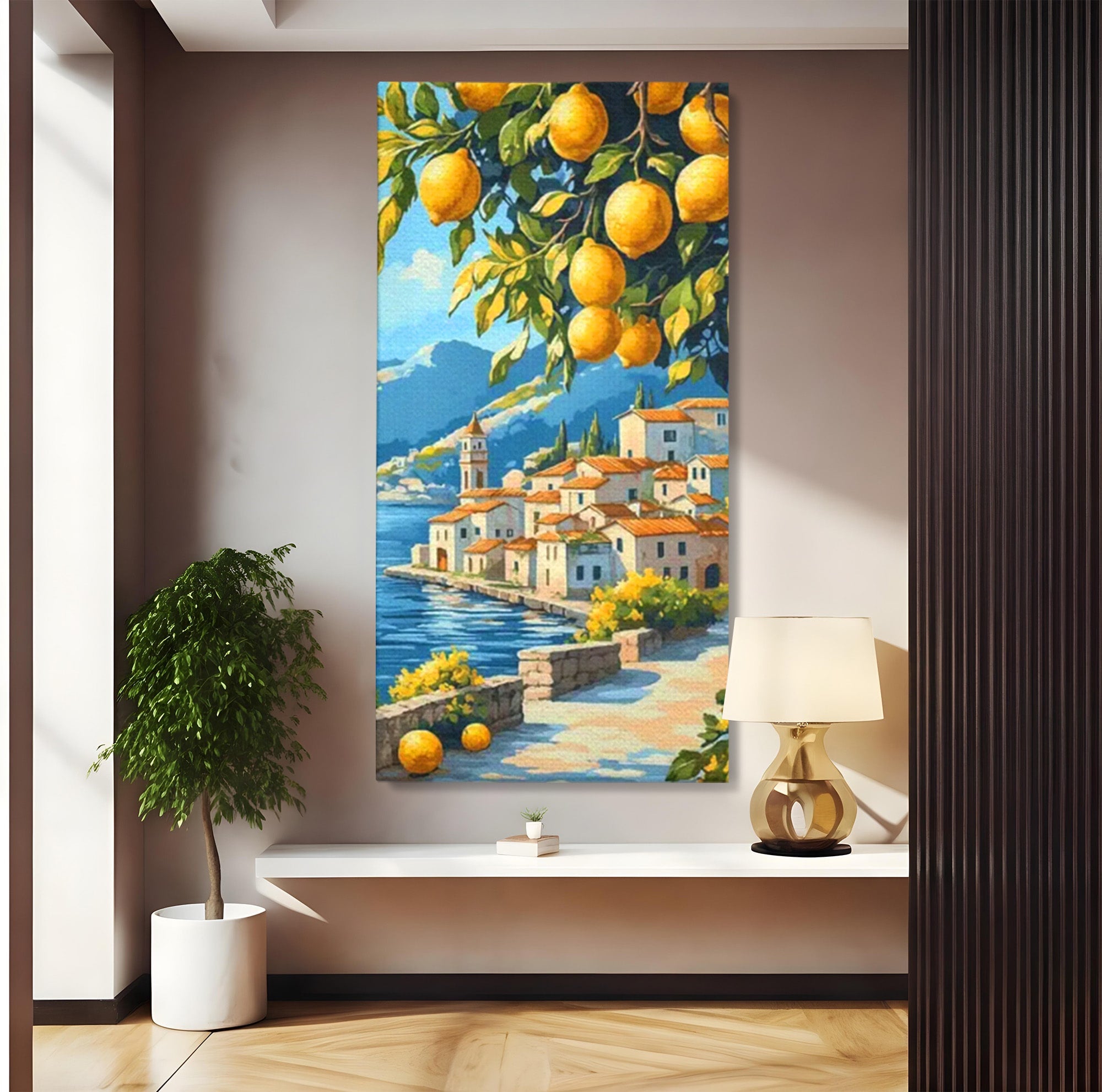 Tablou Canvas Premium LuxCanva® PI1063, Sat Mediteranean Cu Lamai, Sat, Lamai, Peisaj, Mediteranean, Living, Culori Vibrante