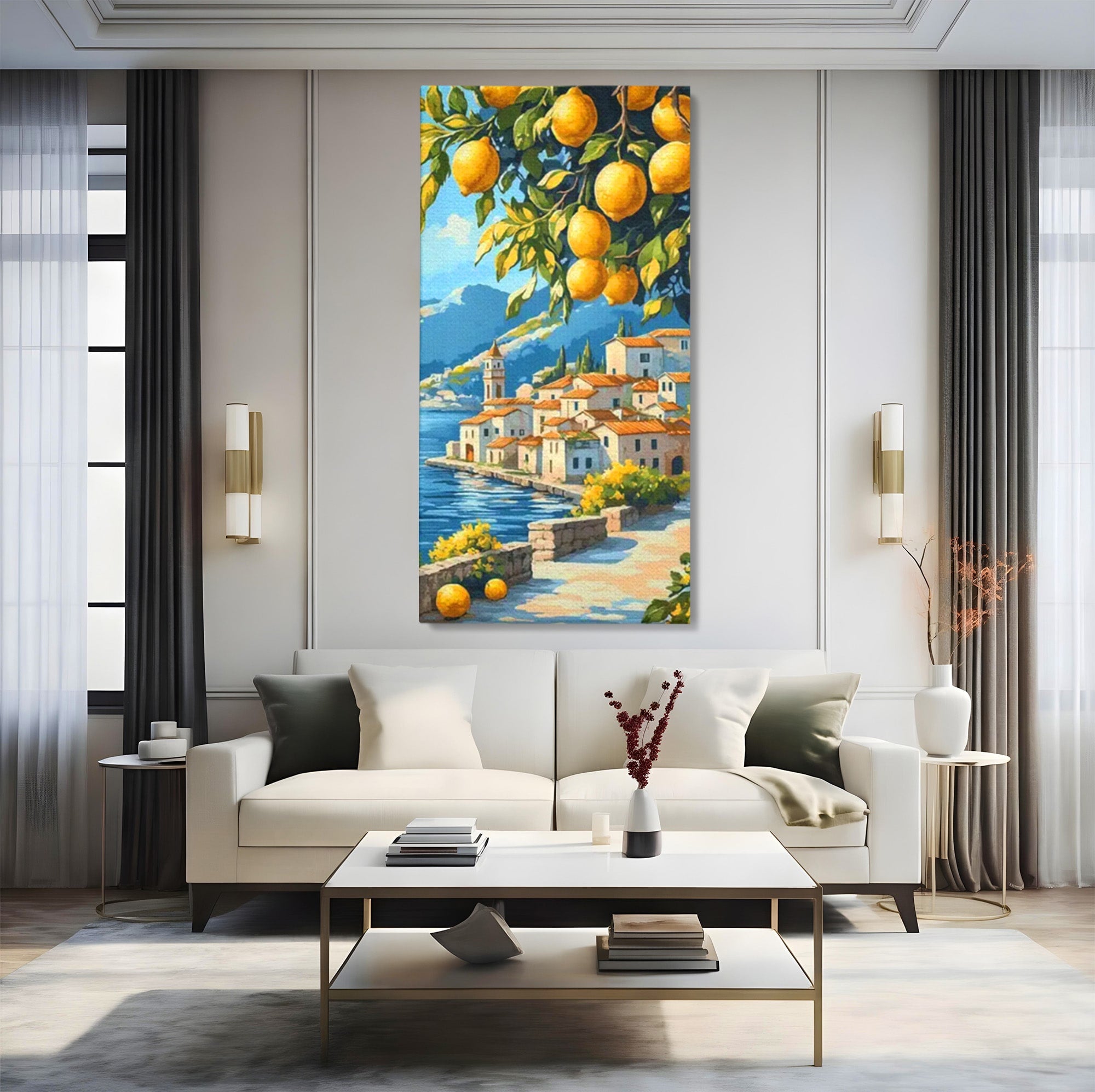 Tablou Canvas Premium LuxCanva® PI1063, Sat Mediteranean Cu Lamai, Sat, Lamai, Peisaj, Mediteranean, Living, Culori Vibrante