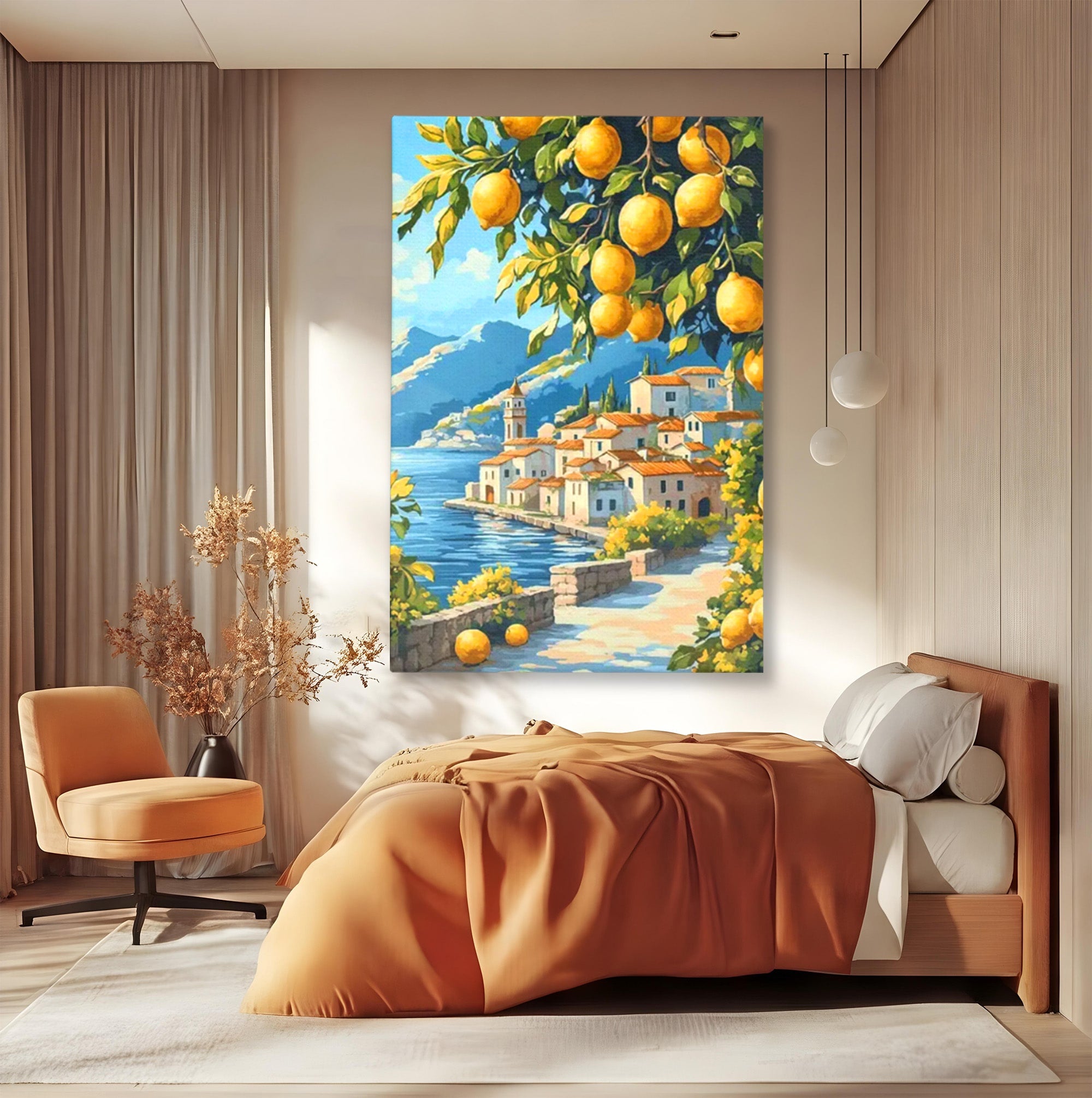 Tablou Canvas Premium LuxCanva® PI1063, Sat Mediteranean Cu Lamai, Sat, Lamai, Peisaj, Mediteranean, Living, Culori Vibrante