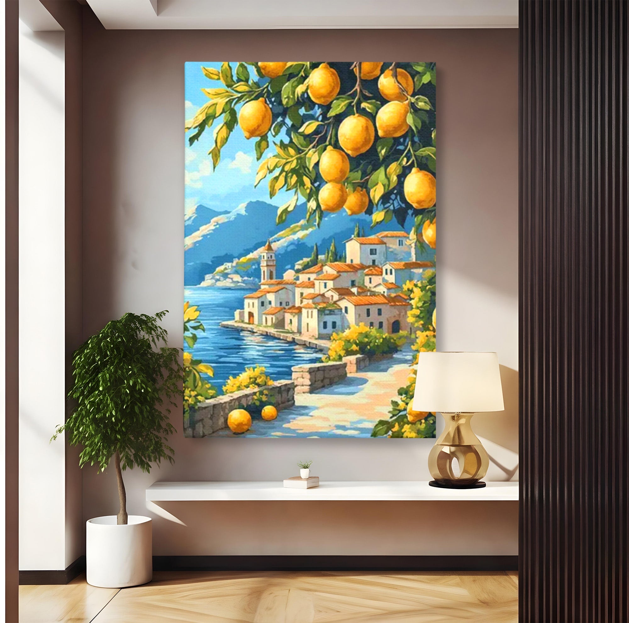 Tablou Canvas Premium LuxCanva® PI1063, Sat Mediteranean Cu Lamai, Sat, Lamai, Peisaj, Mediteranean, Living, Culori Vibrante
