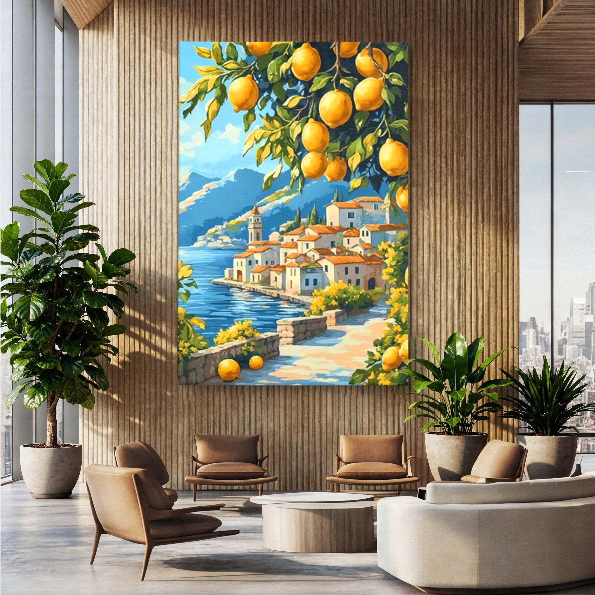 Tablou Canvas Premium LuxCanva® PI1063, Sat Mediteranean Cu Lamai, Sat, Lamai, Peisaj, Mediteranean, Living, Culori Vibrante