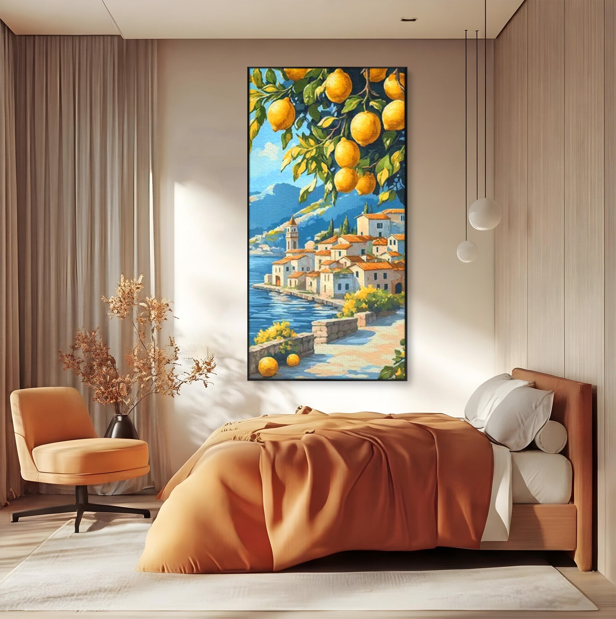 Tablou Canvas Premium LuxCanva® PI1063, Sat Mediteranean Cu Lamai, Sat, Lamai, Peisaj, Mediteranean, Living, Culori Vibrante