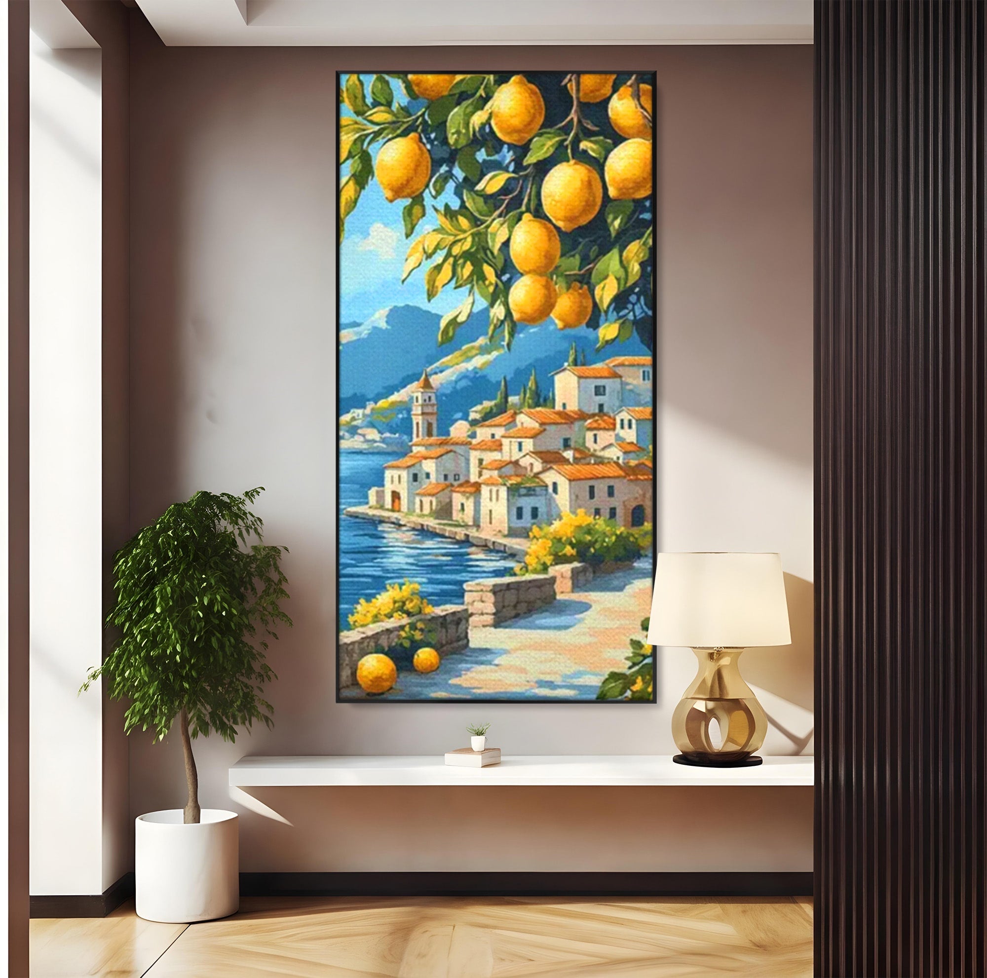 Tablou Canvas Premium LuxCanva® PI1063, Sat Mediteranean Cu Lamai, Sat, Lamai, Peisaj, Mediteranean, Living, Culori Vibrante