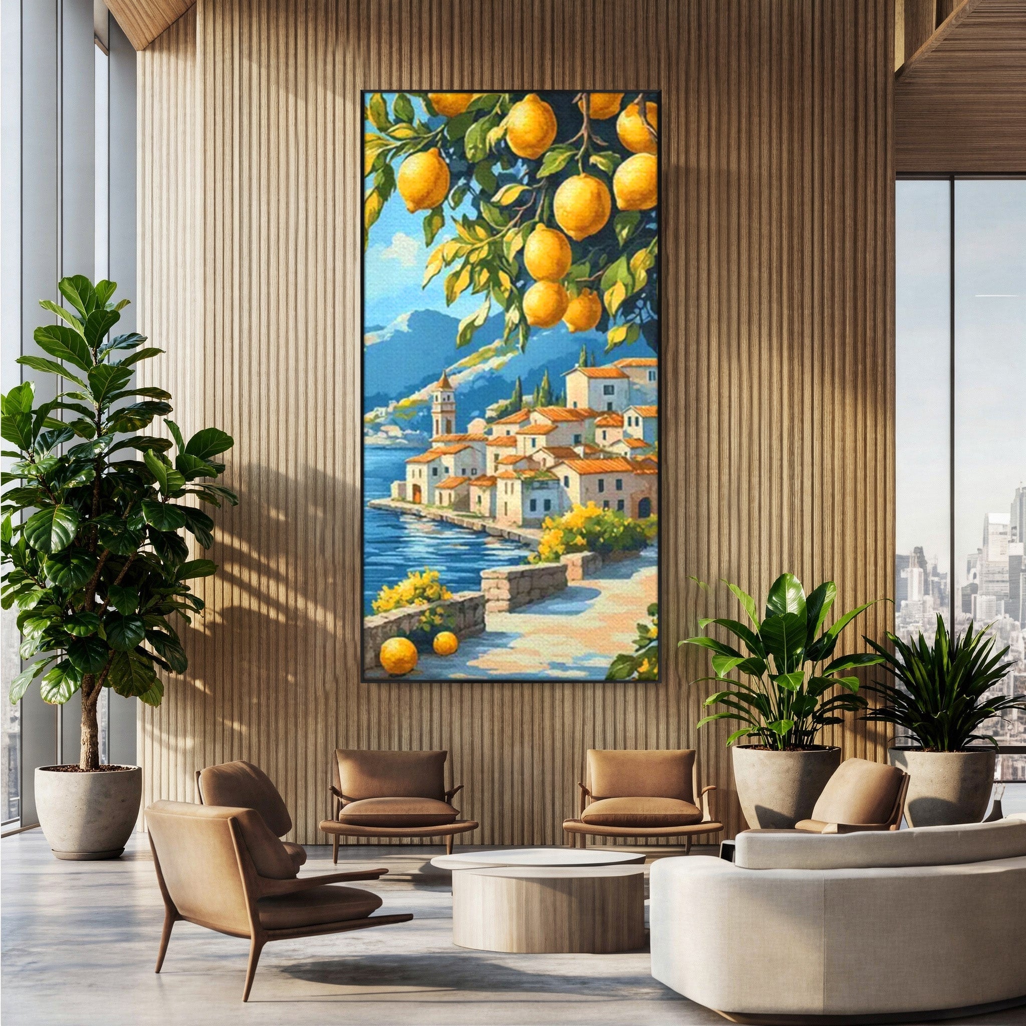 Tablou Canvas Premium LuxCanva® PI1063, Sat Mediteranean Cu Lamai, Sat, Lamai, Peisaj, Mediteranean, Living, Culori Vibrante