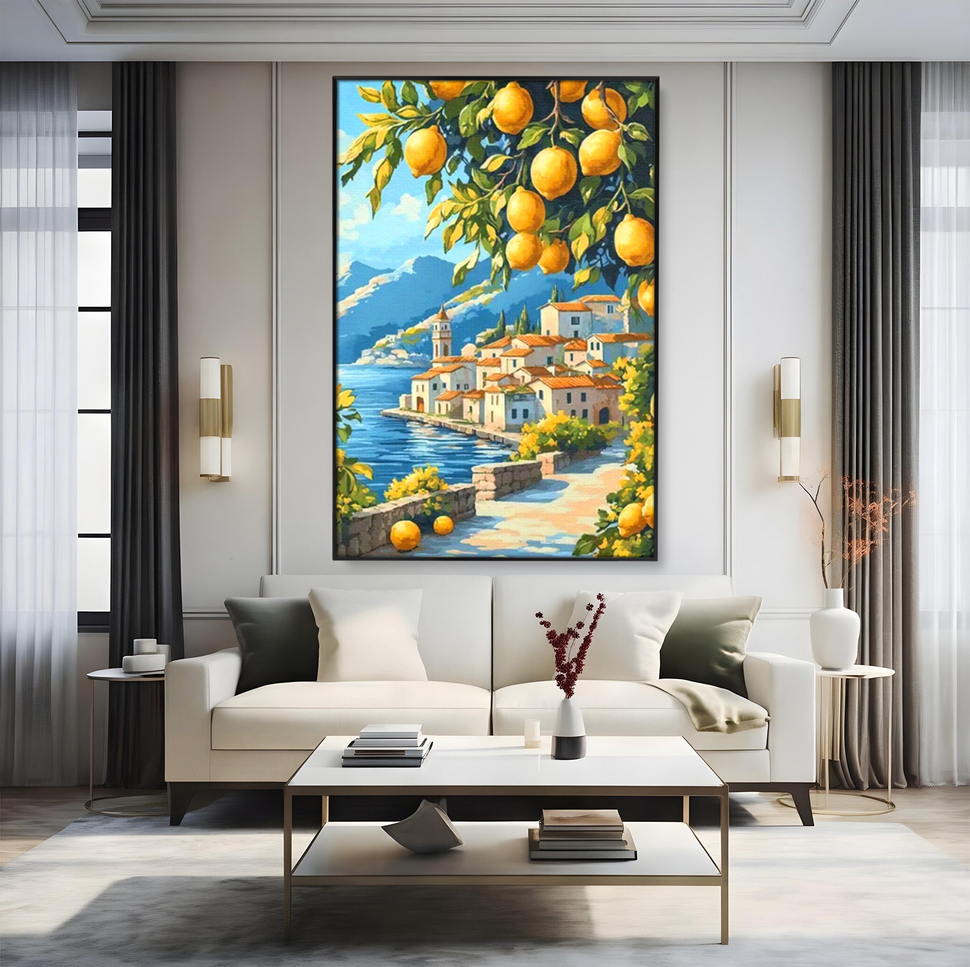 Tablou Canvas Premium LuxCanva® PI1063, Sat Mediteranean Cu Lamai, Sat, Lamai, Peisaj, Mediteranean, Living, Culori Vibrante