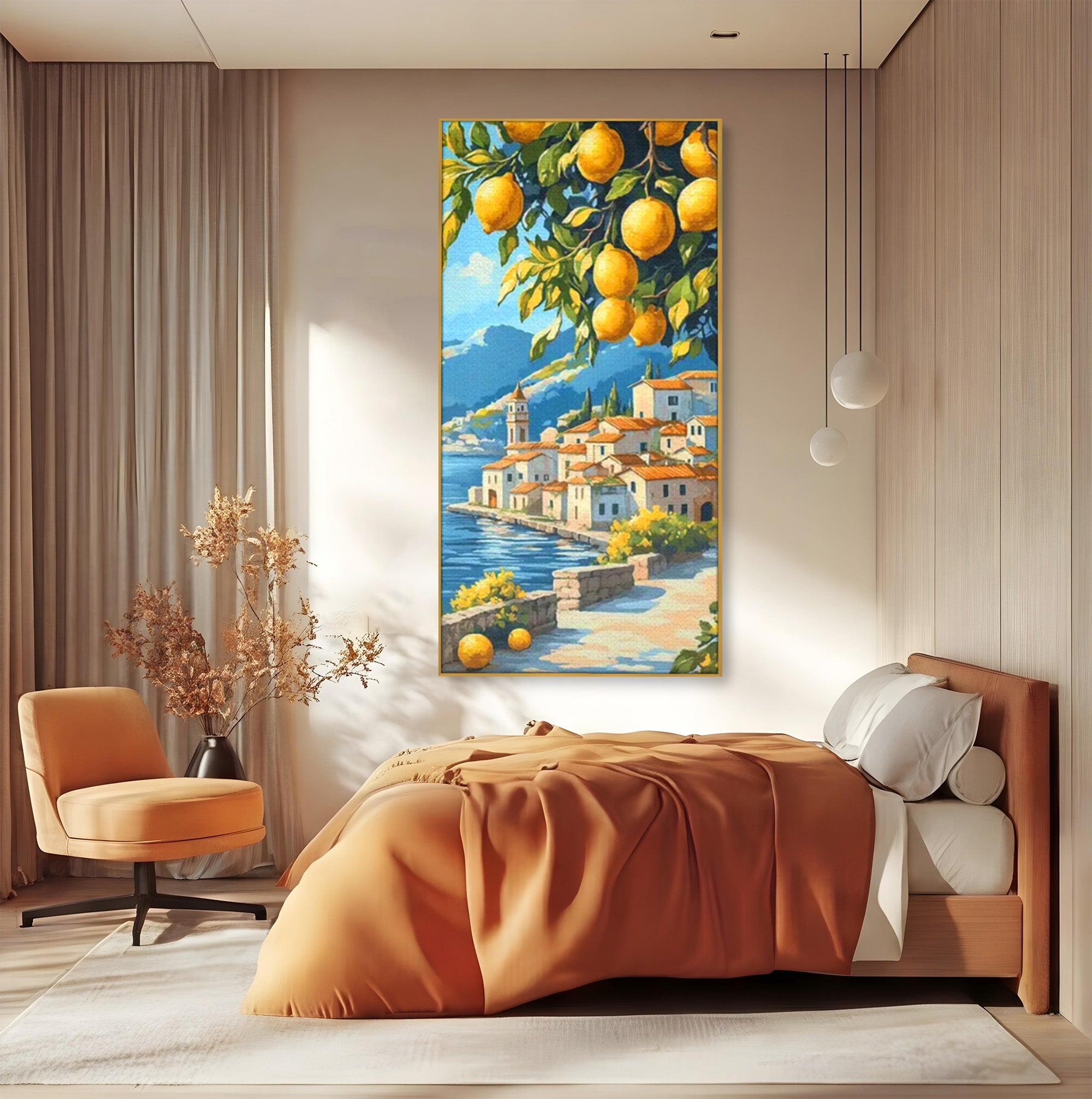 Tablou Canvas Premium LuxCanva® PI1063, Sat Mediteranean Cu Lamai, Sat, Lamai, Peisaj, Mediteranean, Living, Culori Vibrante