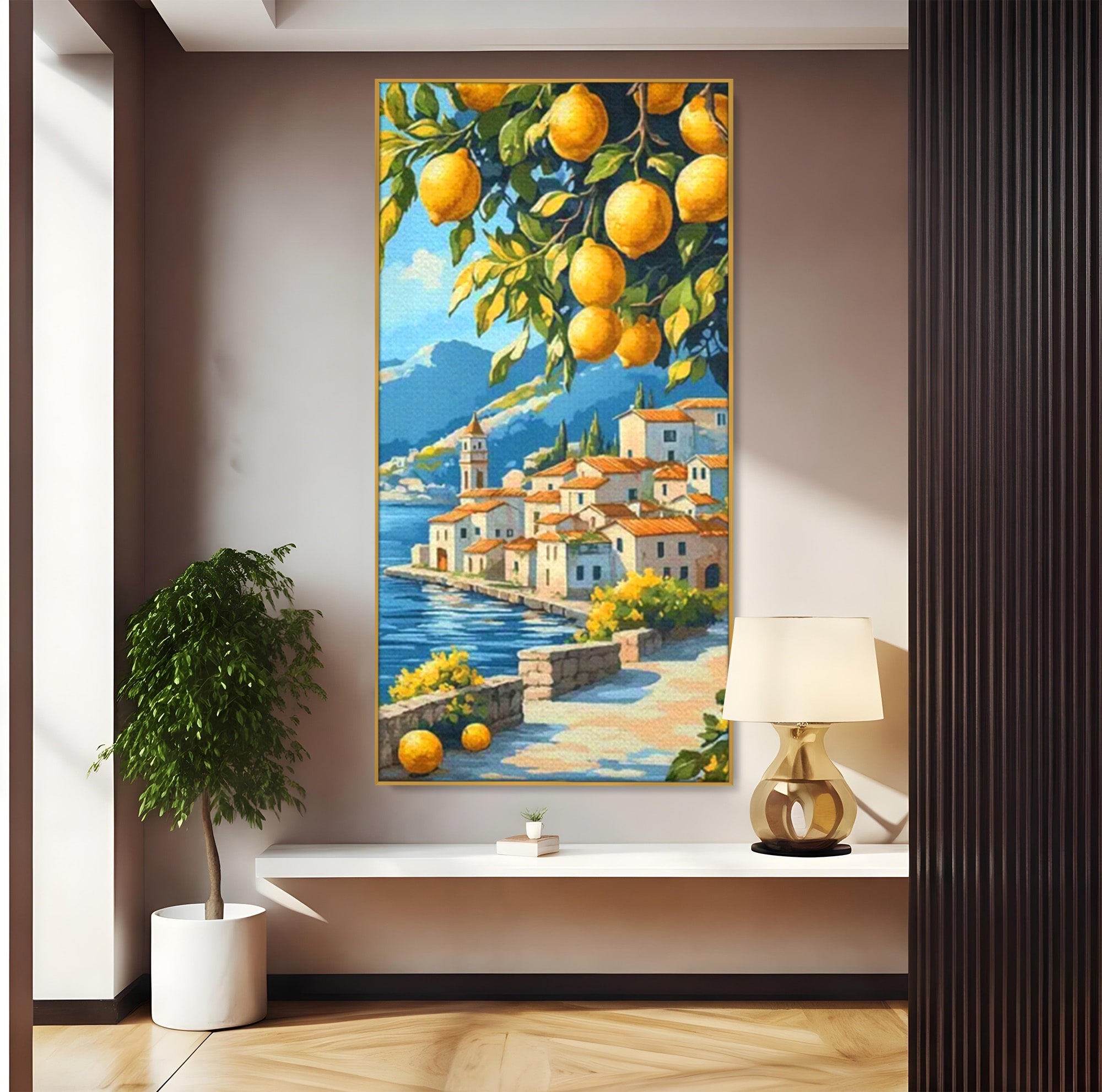 Tablou Canvas Premium LuxCanva® PI1063, Sat Mediteranean Cu Lamai, Sat, Lamai, Peisaj, Mediteranean, Living, Culori Vibrante