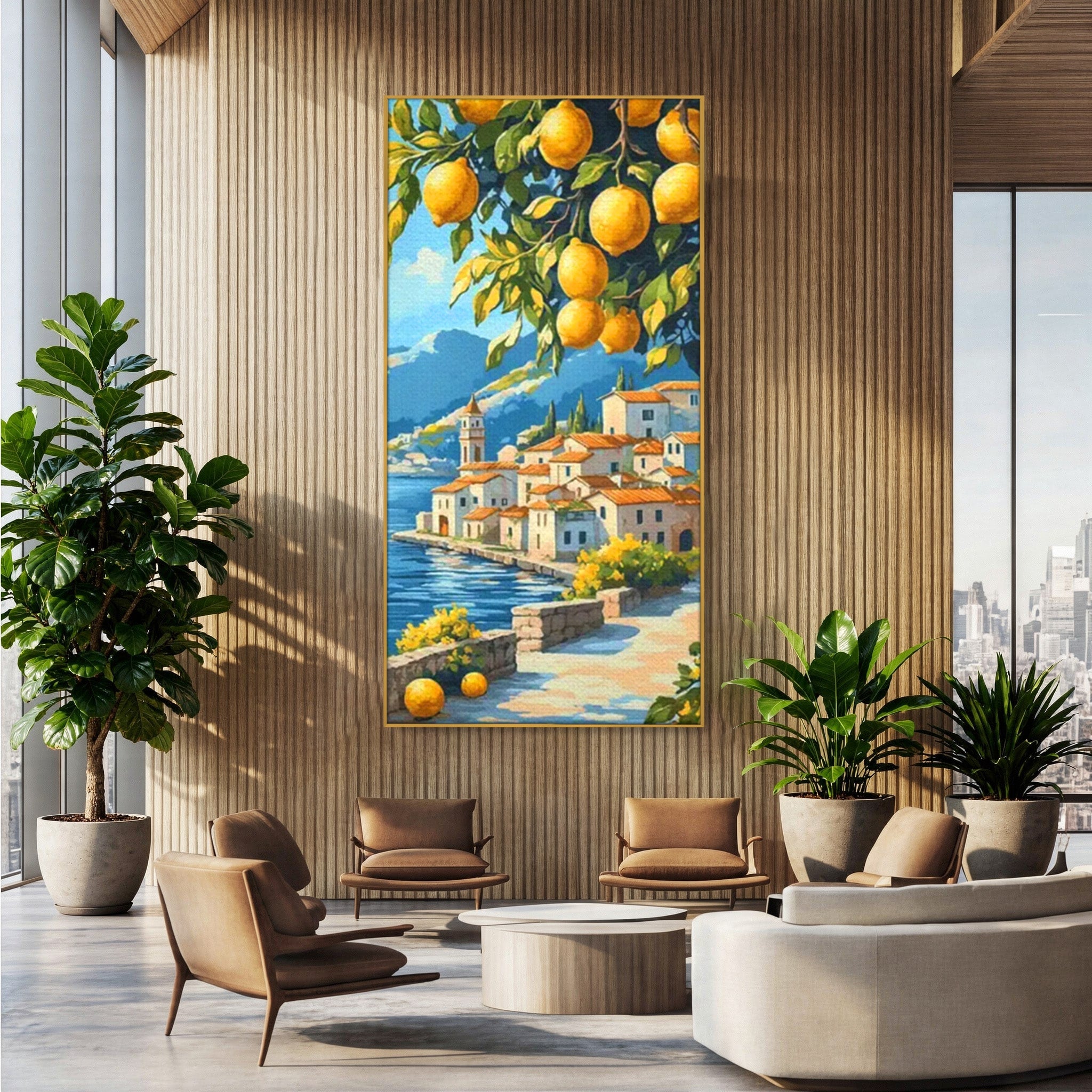 Tablou Canvas Premium LuxCanva® PI1063, Sat Mediteranean Cu Lamai, Sat, Lamai, Peisaj, Mediteranean, Living, Culori Vibrante