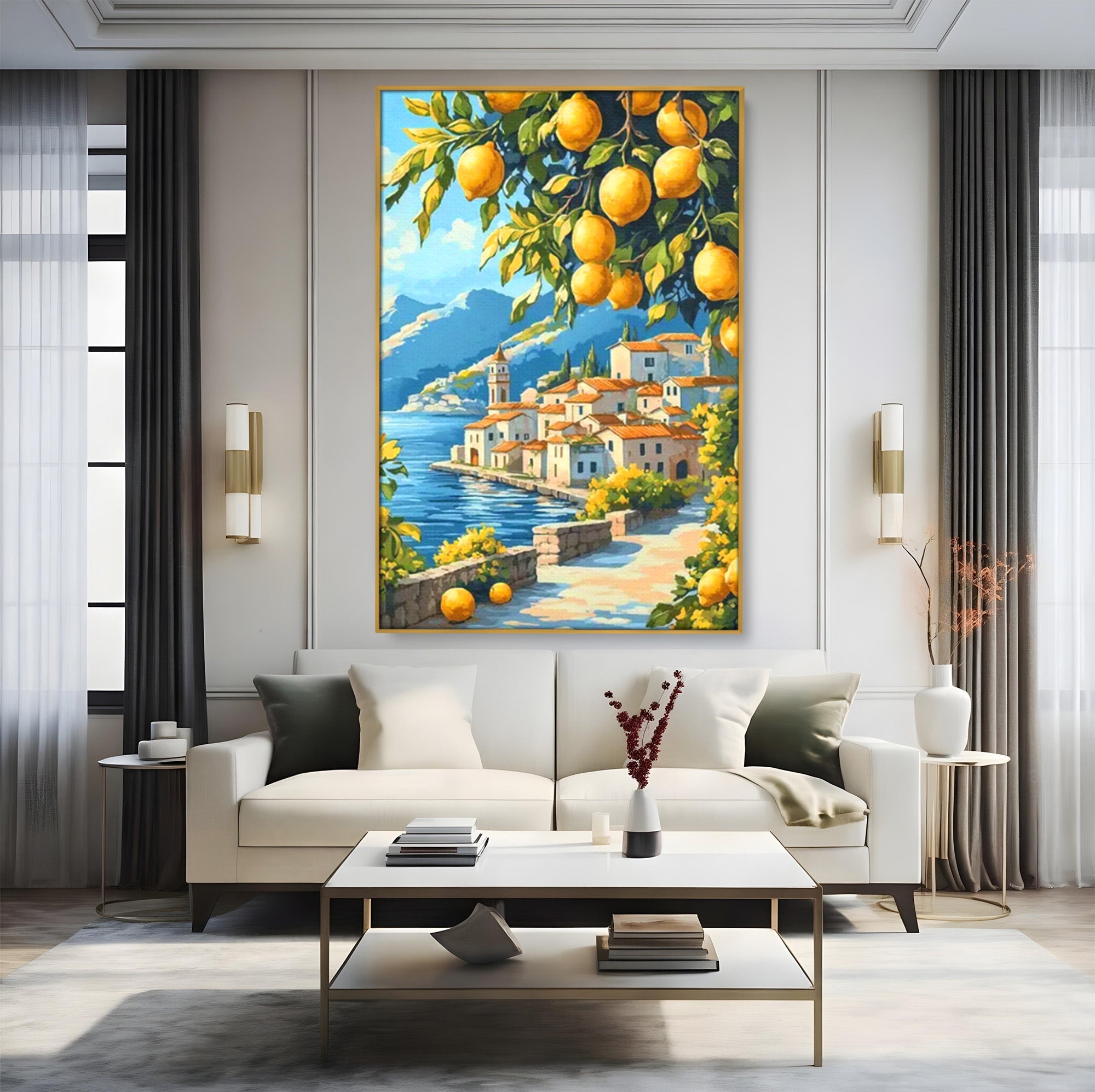Tablou Canvas Premium LuxCanva® PI1063, Sat Mediteranean Cu Lamai, Sat, Lamai, Peisaj, Mediteranean, Living, Culori Vibrante