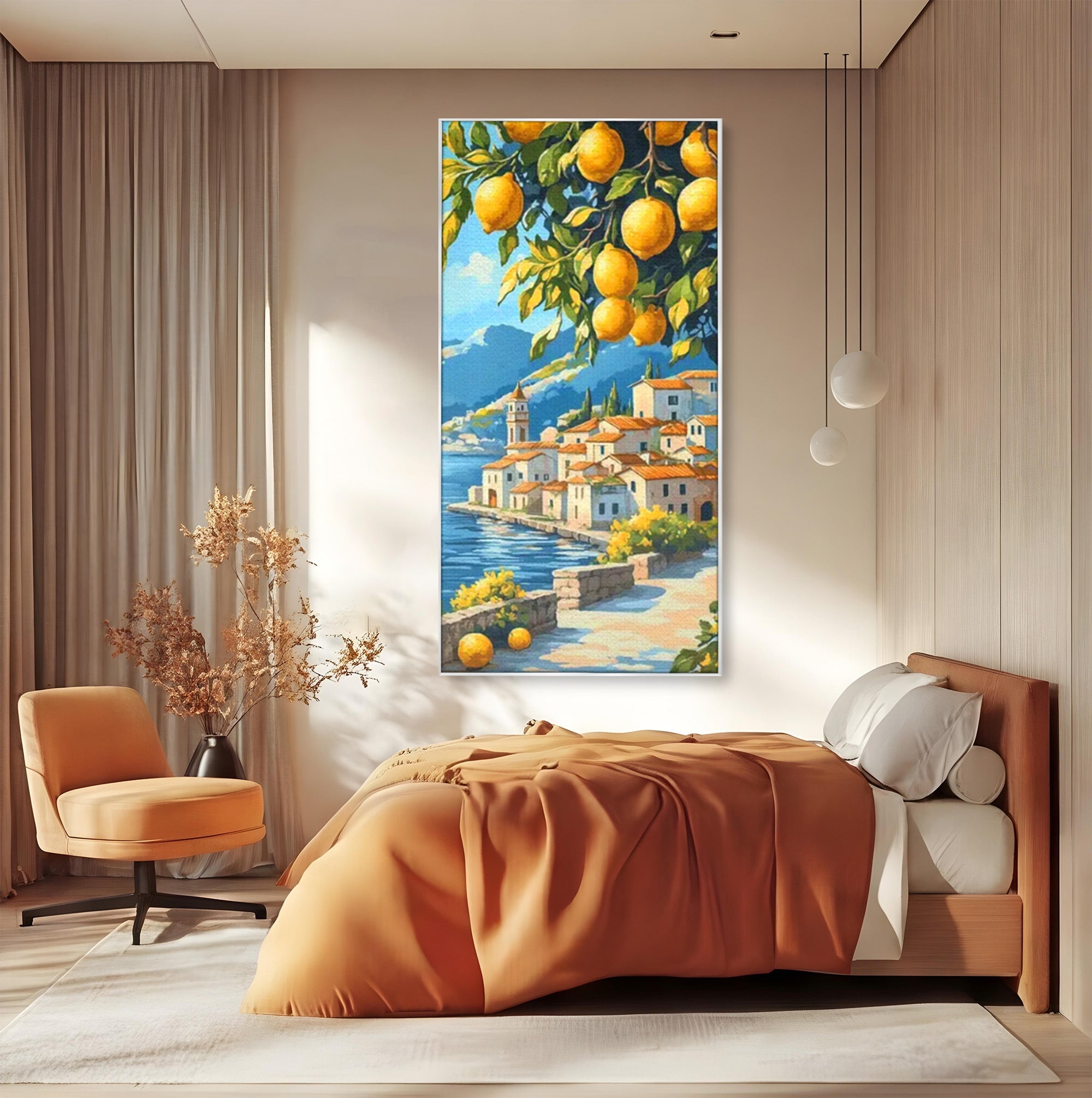 Tablou Canvas Premium LuxCanva® PI1063, Sat Mediteranean Cu Lamai, Sat, Lamai, Peisaj, Mediteranean, Living, Culori Vibrante