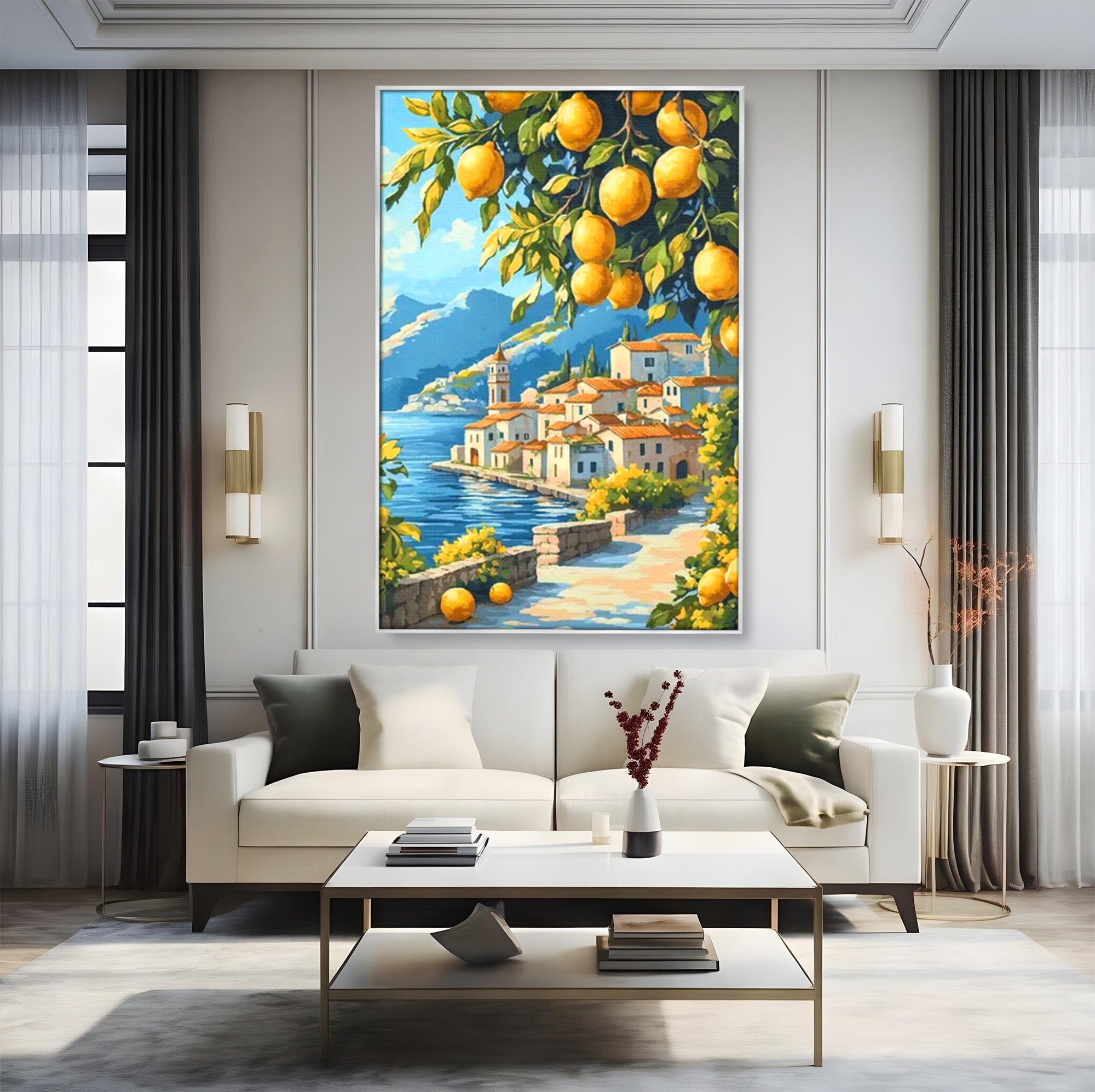 Tablou Canvas Premium LuxCanva® PI1063, Sat Mediteranean Cu Lamai, Sat, Lamai, Peisaj, Mediteranean, Living, Culori Vibrante