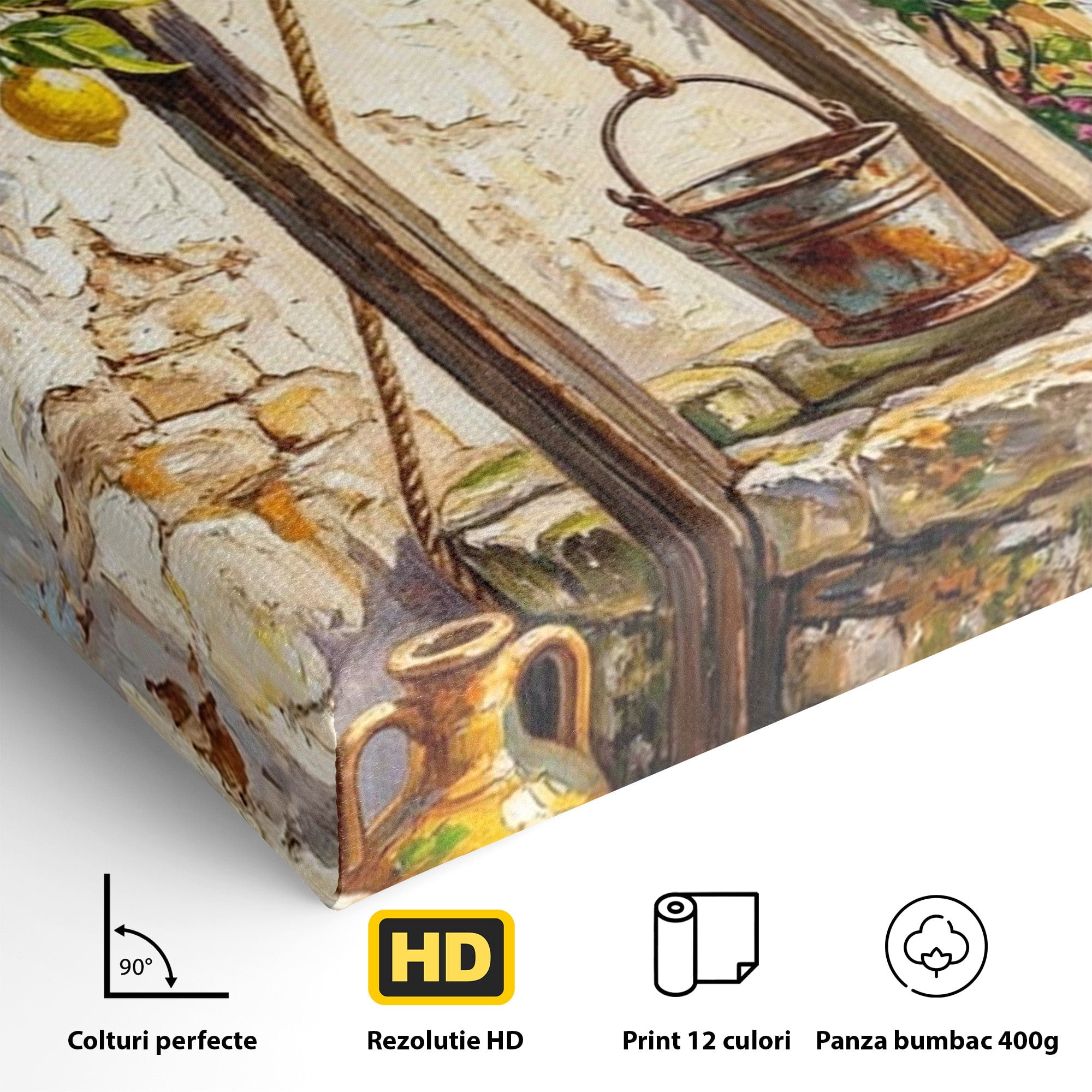 Tablou Canvas Premium LuxCanva® PI1065, Fantana Cu Lamai, Fantana, Lamai, Mediteranean, Rustic, Gradina, Living, Culori Vibrante