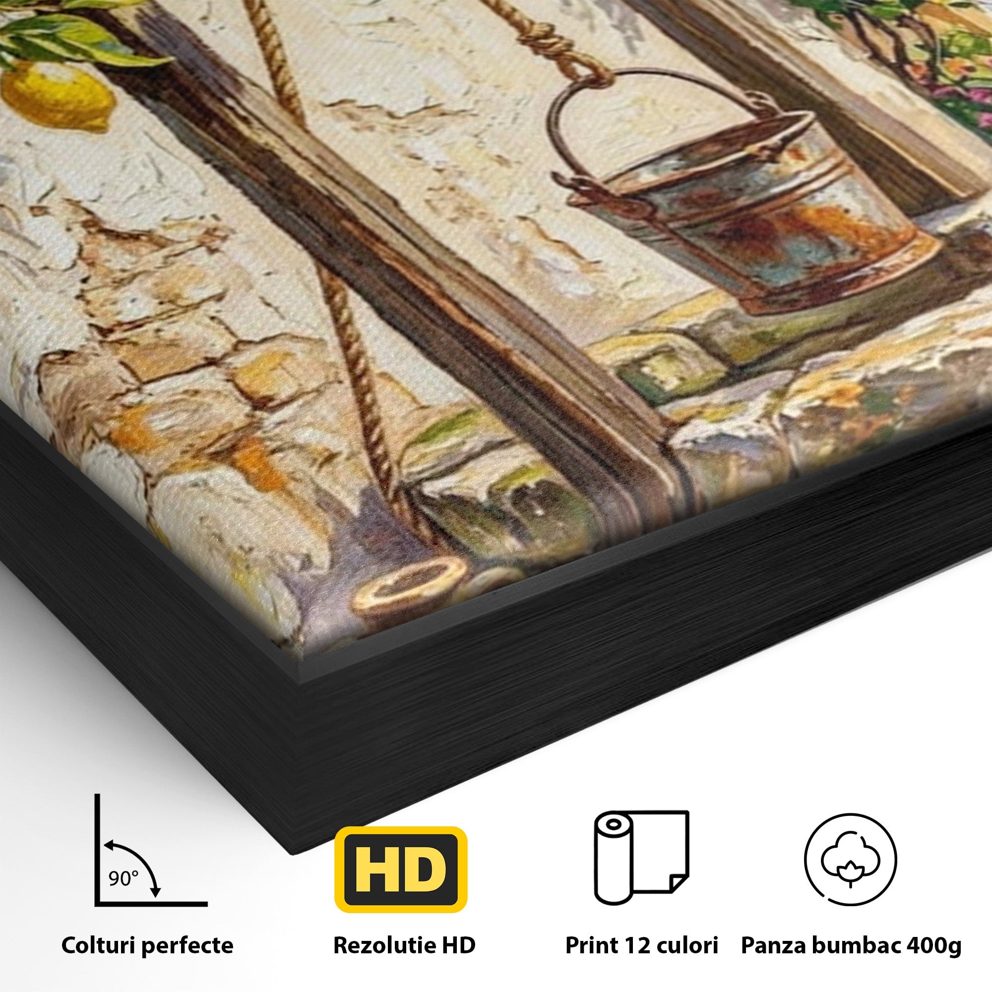 Tablou Canvas Premium LuxCanva® PI1065, Fantana Cu Lamai, Fantana, Lamai, Mediteranean, Rustic, Gradina, Living, Culori Vibrante