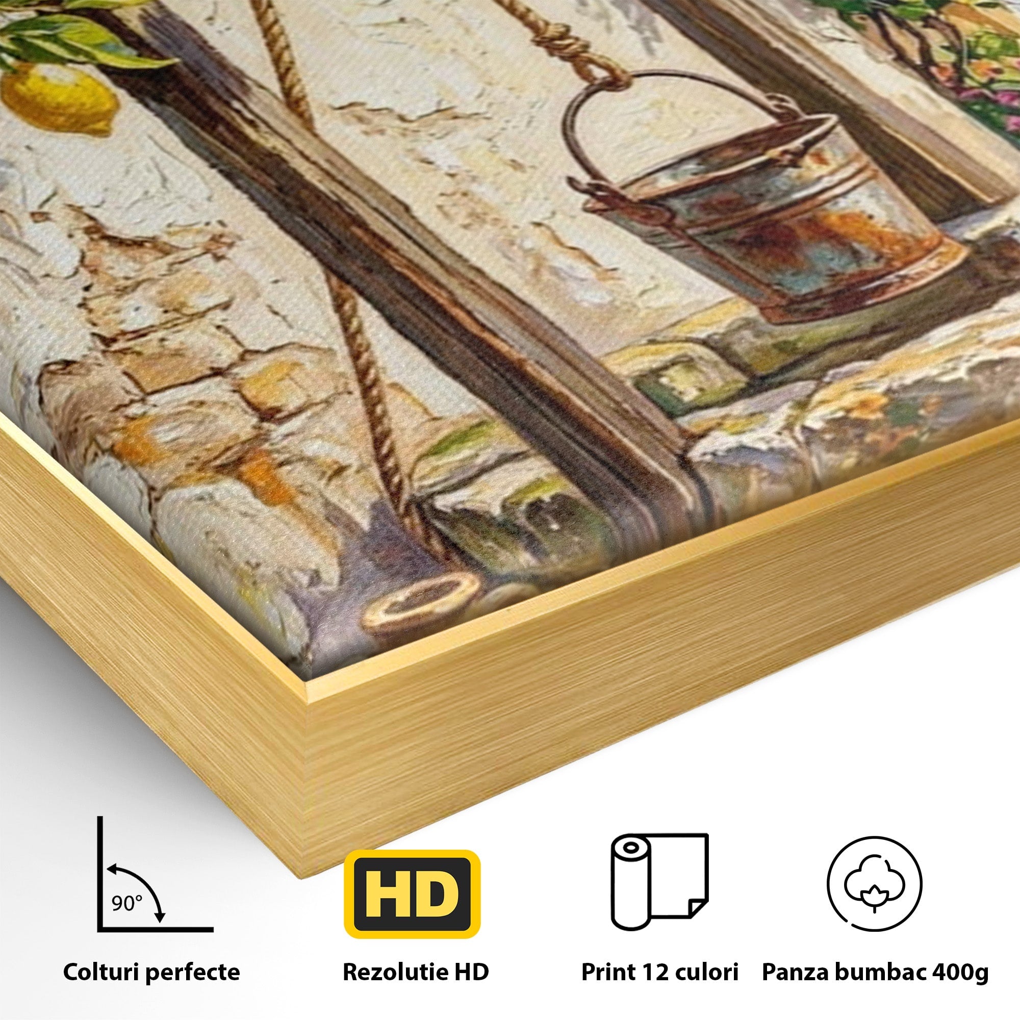 Tablou Canvas Premium LuxCanva® PI1065, Fantana Cu Lamai, Fantana, Lamai, Mediteranean, Rustic, Gradina, Living, Culori Vibrante