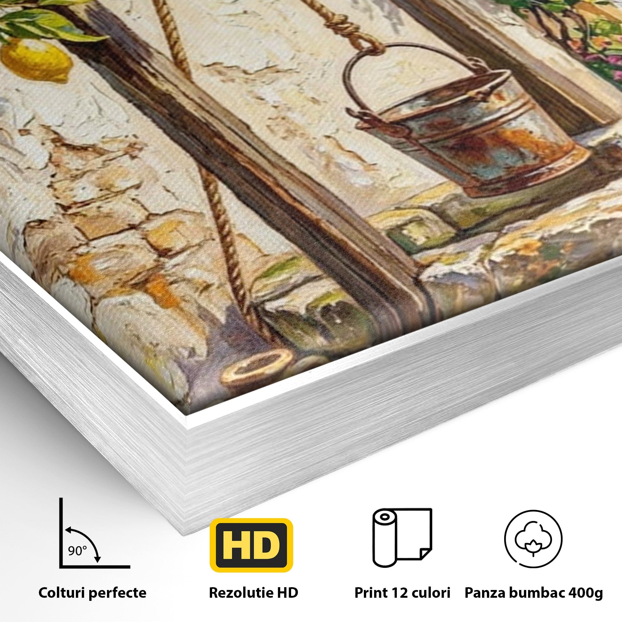 Tablou Canvas Premium LuxCanva® PI1065, Fantana Cu Lamai, Fantana, Lamai, Mediteranean, Rustic, Gradina, Living, Culori Vibrante