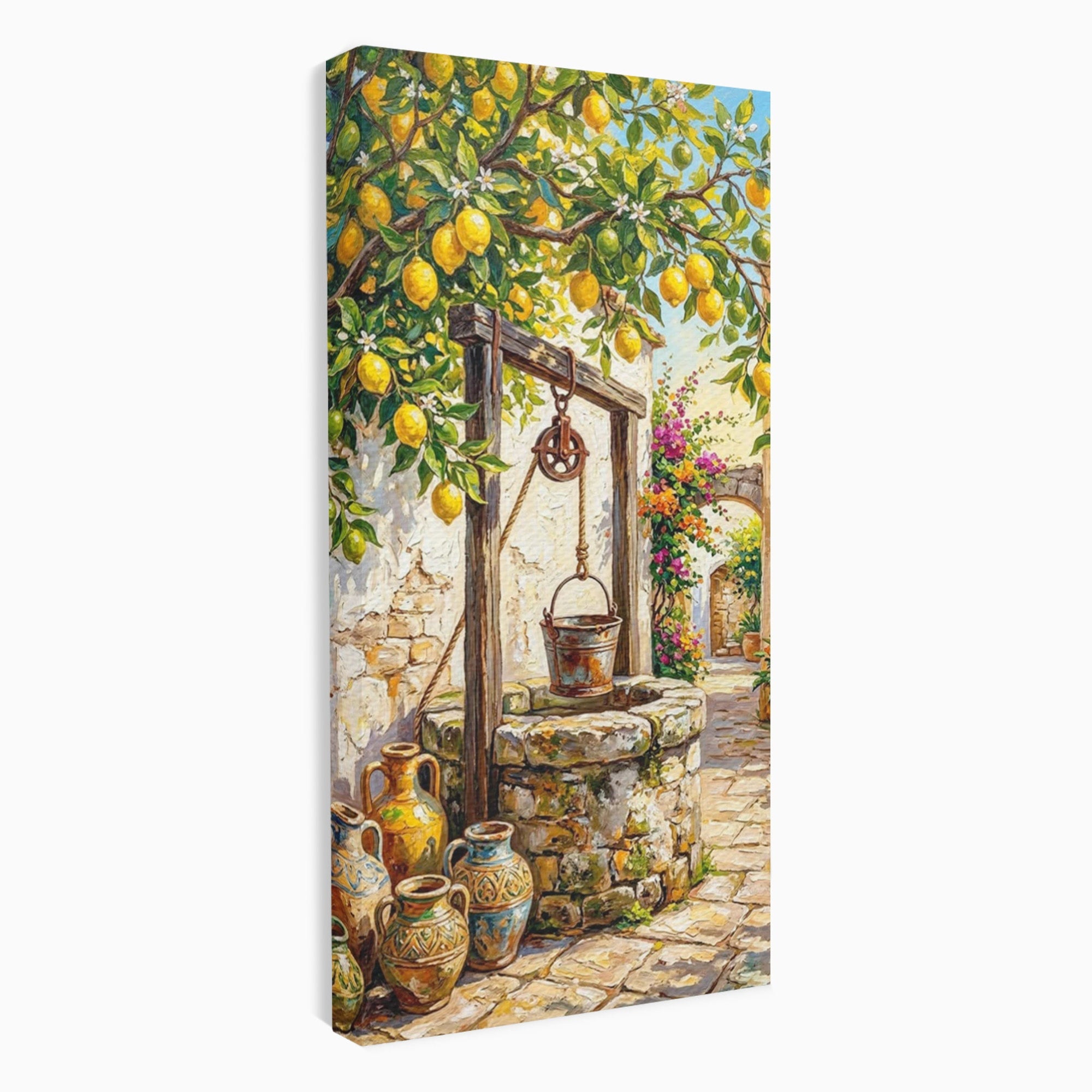 Tablou Canvas Premium LuxCanva® PI1065, Fantana Cu Lamai, Fantana, Lamai, Mediteranean, Rustic, Gradina, Living, Culori Vibrante
