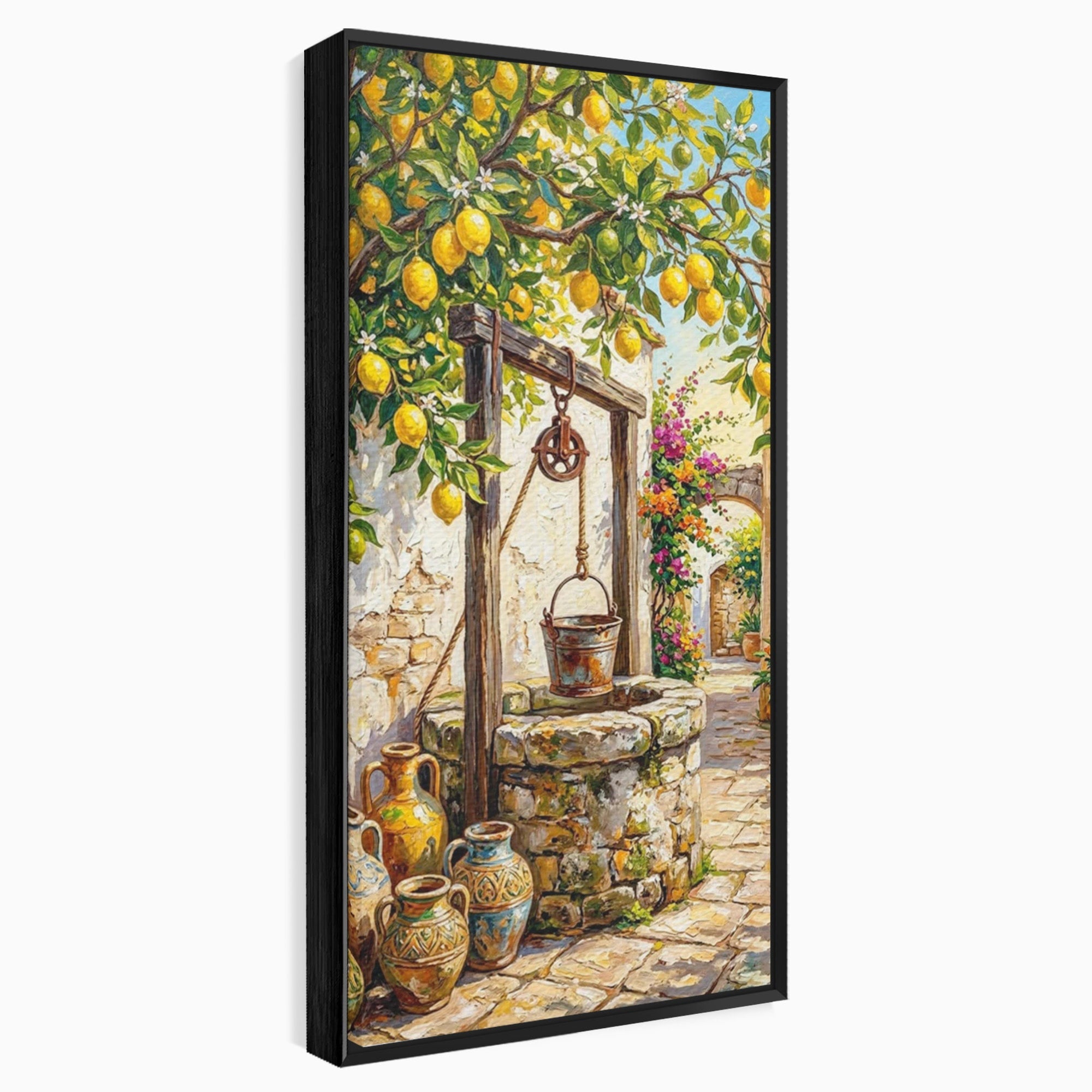 Tablou Canvas Premium LuxCanva® PI1065, Fantana Cu Lamai, Fantana, Lamai, Mediteranean, Rustic, Gradina, Living, Culori Vibrante