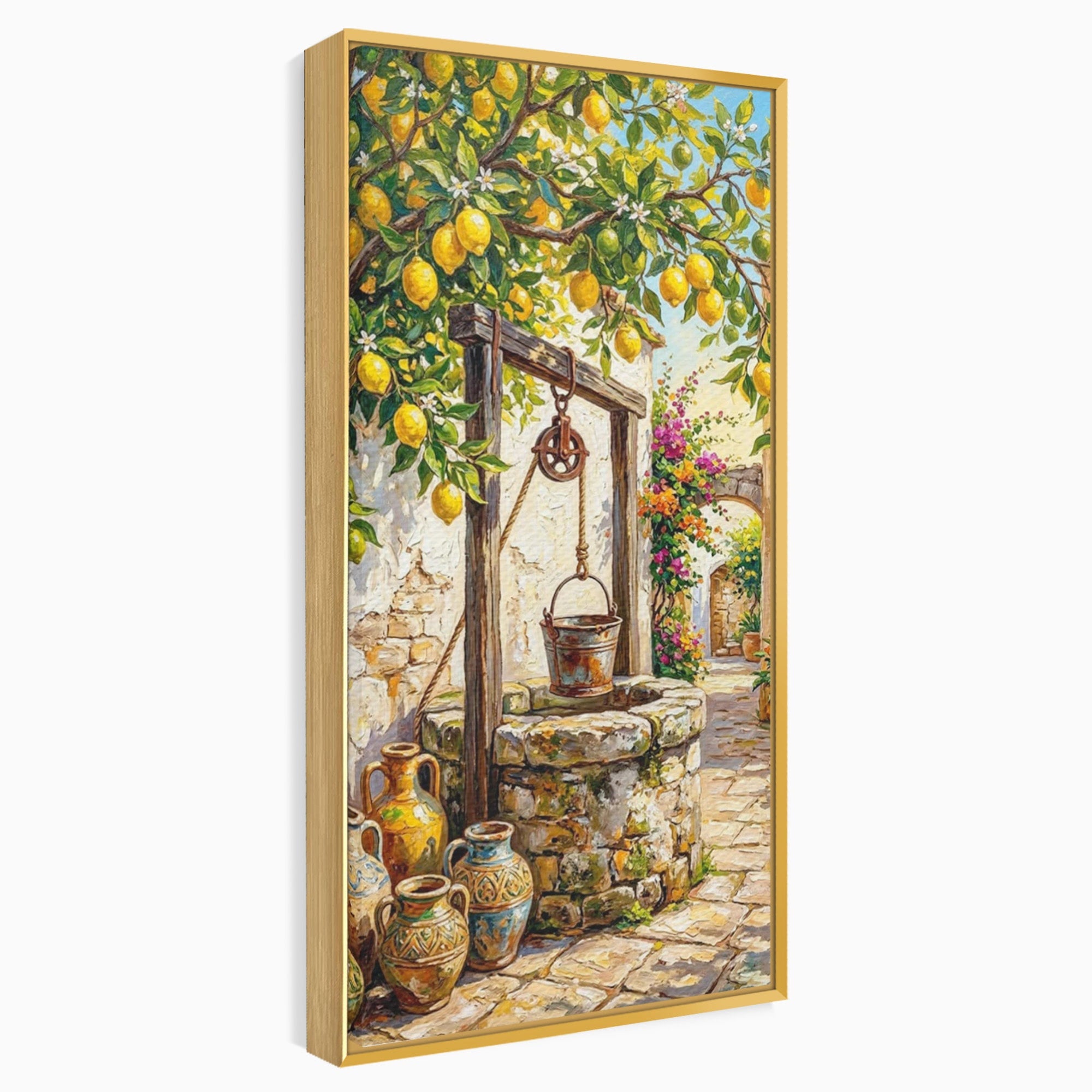 Tablou Canvas Premium LuxCanva® PI1065, Fantana Cu Lamai, Fantana, Lamai, Mediteranean, Rustic, Gradina, Living, Culori Vibrante